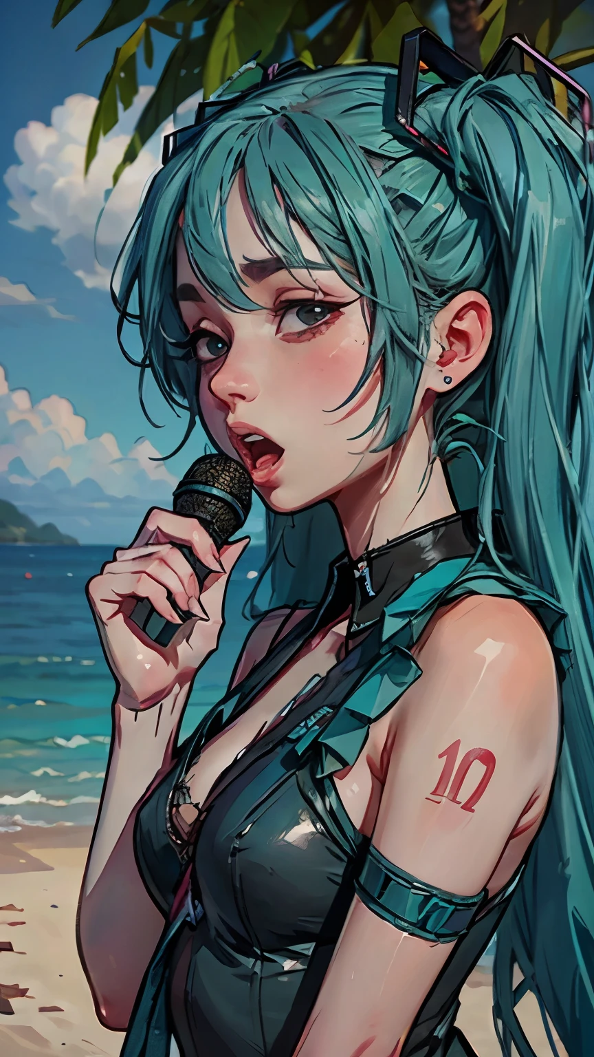 I like Hatsune Miku, beach stage, virtual singer, Hatsune Miku, Vocaloid, character voice, Hatsune Miku, singing at the summer sea, cinematic light, side light, sharp focus, beautiful details, detailed and delicate, detailed texture, realistic facial expressions, realistic and colorful, delicate,