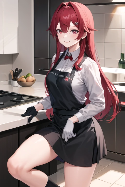 masterpiece, best quality, highres,pun , long hair, red hair, Long FRINGE, red eyes, Long sleeve gray shirt ,  with black gloves and a white kitchen apron Written "Tsumiki", a black skirt, Knee-length socks ,  look gentle and a light smile.