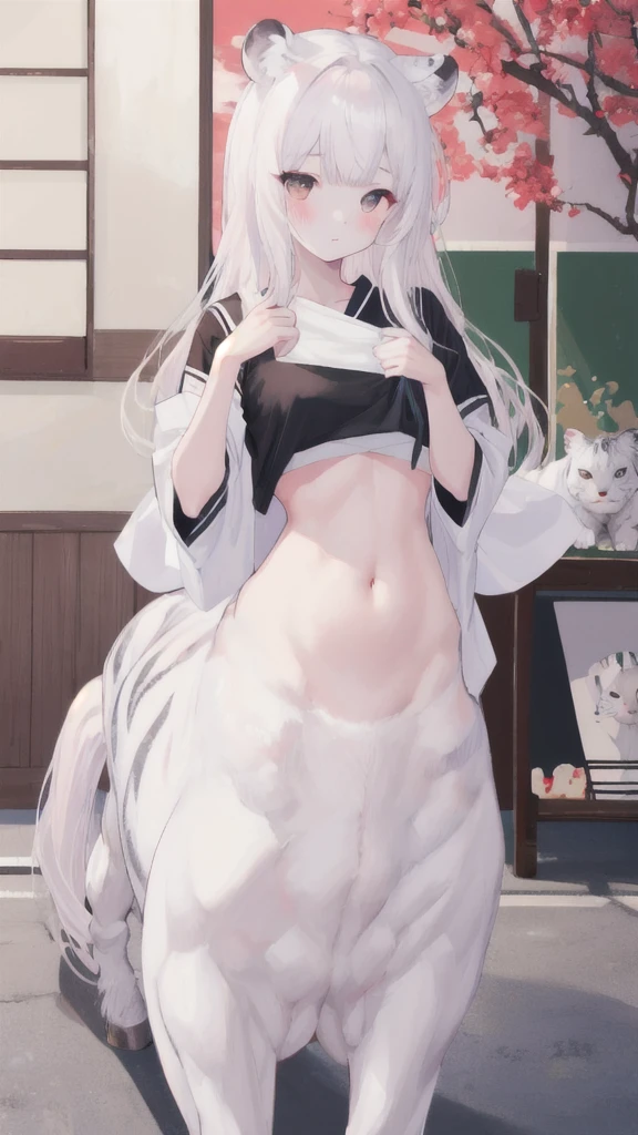 A girl with silver hair in a ponytail、golden eyes、18 year old girl、cute face、illustration style skin、has cat-like ears、has a tail like a cat、nude、view from behind、A large amount of sticky honey is dripping from the butthole.、Standing with legs spread on the table、Grabbing her buttocks and spreading them apart