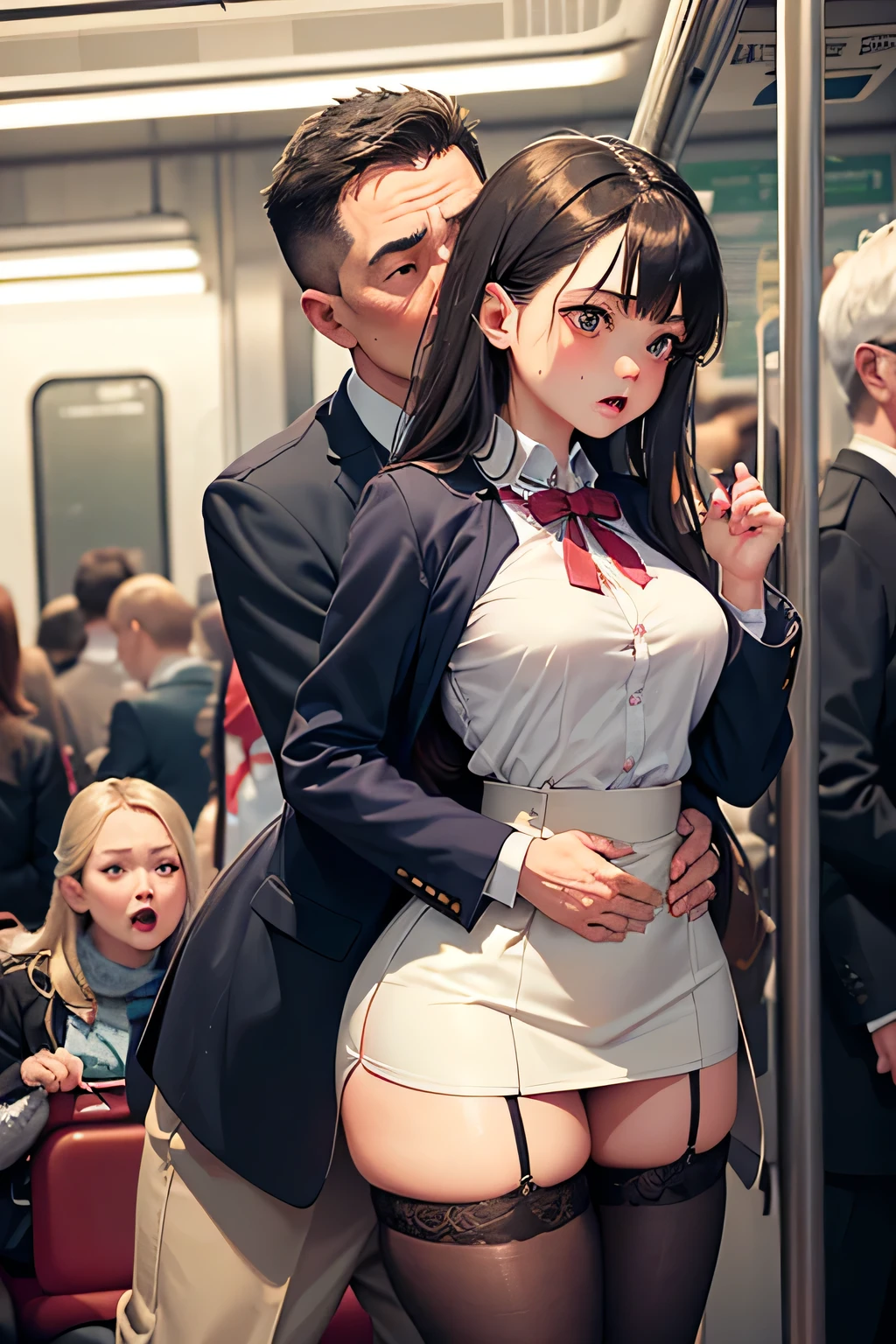 (SFW), ((photorealistic)), (masterpiece), (best quality:1.3), absurdness, [:intricate details1.3], NSFW, realistic, masterpiece, (VERY crowded subway train interior detailed scenario, VERY crowded subway train interior detailed background), standing insanely hot (young small girl1) using sexy ((skirt)), ((behind skirt lifted)), ((3/4 white stockings)), ((big ass)), ((thick thighs)), (fear expression), (blushed face), (perfect body proportions)), old small man ass groping young small girl 1 from behind, (((old small man pressing his chest on young woman 1 back))) and (((holding her waist behind her)))
