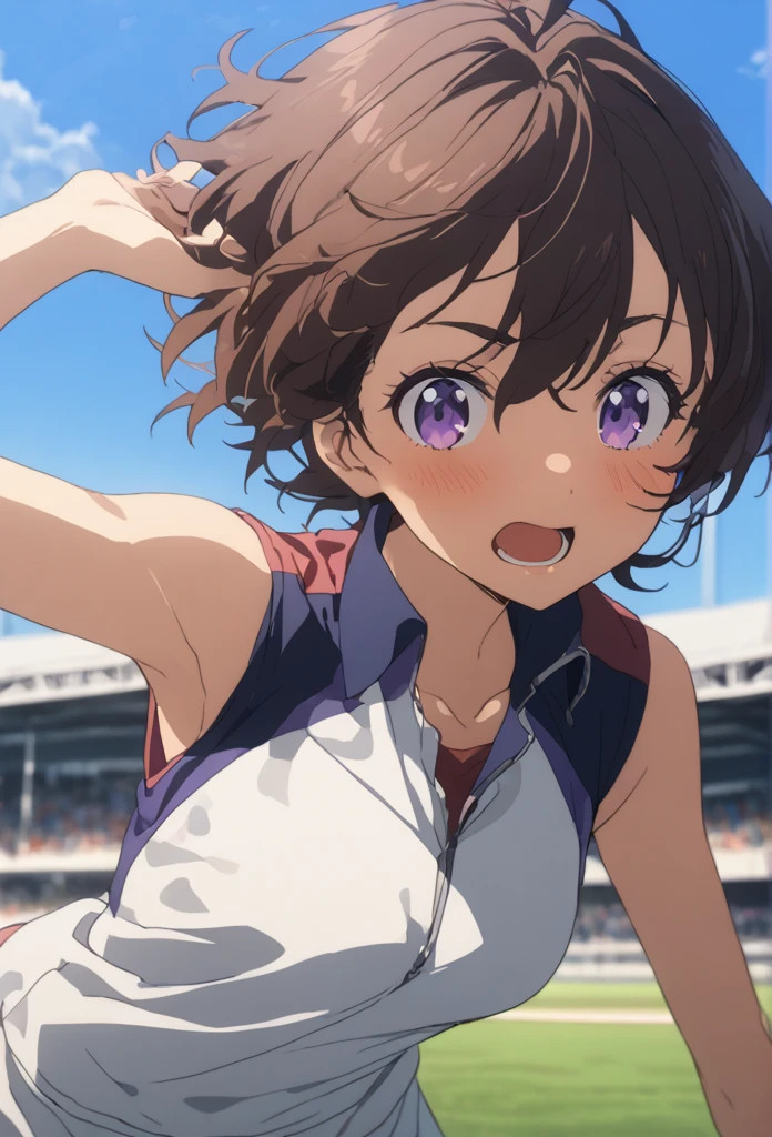 1 person、girl、Brown Hair、Purple eyes、Track and field uniform、Sunburn、Blue Sky、whole body