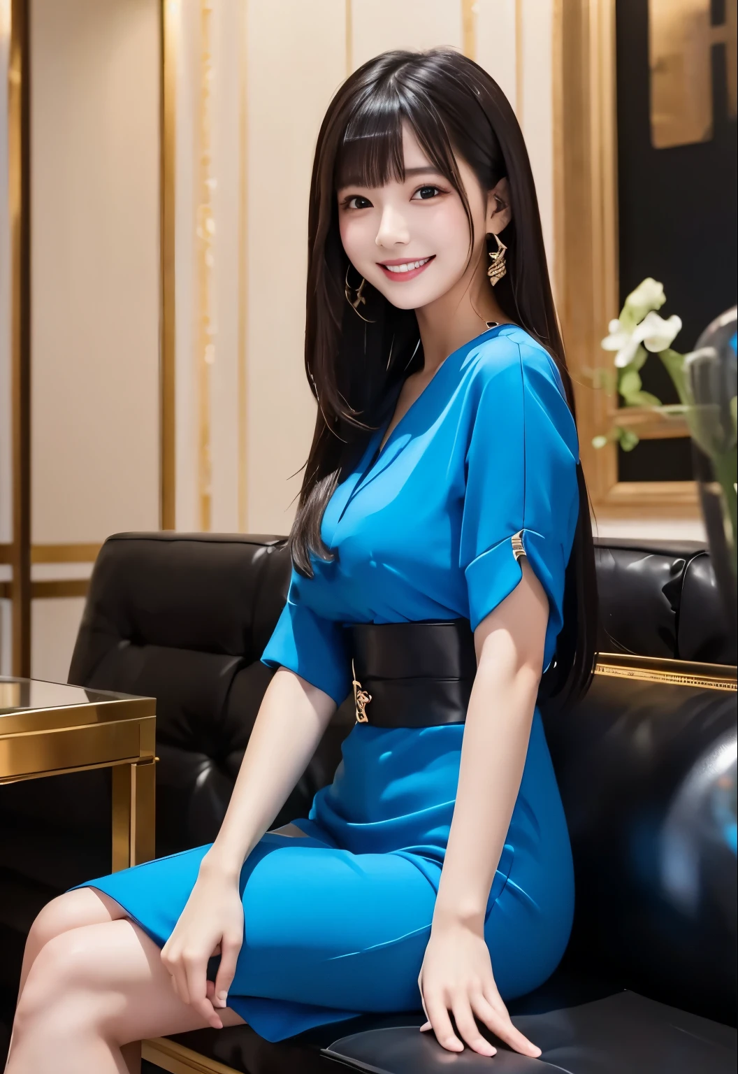 masterpiece、Highest quality、whole body、One Girl、bangs、Japanese、Long Black Hair、blue、smile、alone、Stylish woman、vivid colored outfits、front、Luxury background elements、Confident expression、Modern and trendy、Fashion focus