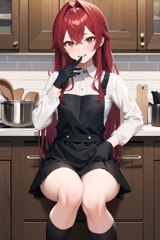 masterpiece, best quality, highres,pun , long hair, red hair, Long FRINGE, red eyes, Long sleeve gray shirt ,  with black gloves and a white kitchen apron Written "Tsumiki", a black skirt, Knee-length socks ,  Mischievous look while biting lips 