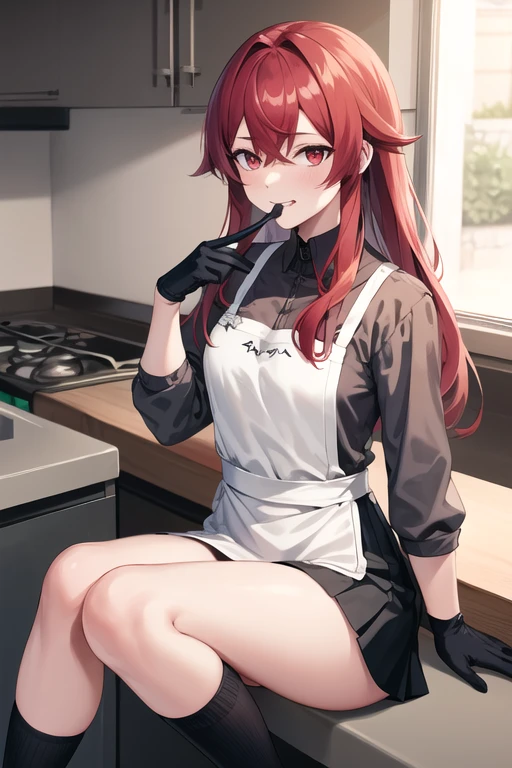 masterpiece, best quality, highres,pun , long hair, red hair, Long FRINGE, red eyes, Long sleeve gray shirt ,  with black gloves and a white kitchen apron Written "Tsumiki", a black skirt, Knee-length socks ,  Mischievous look while biting lips 