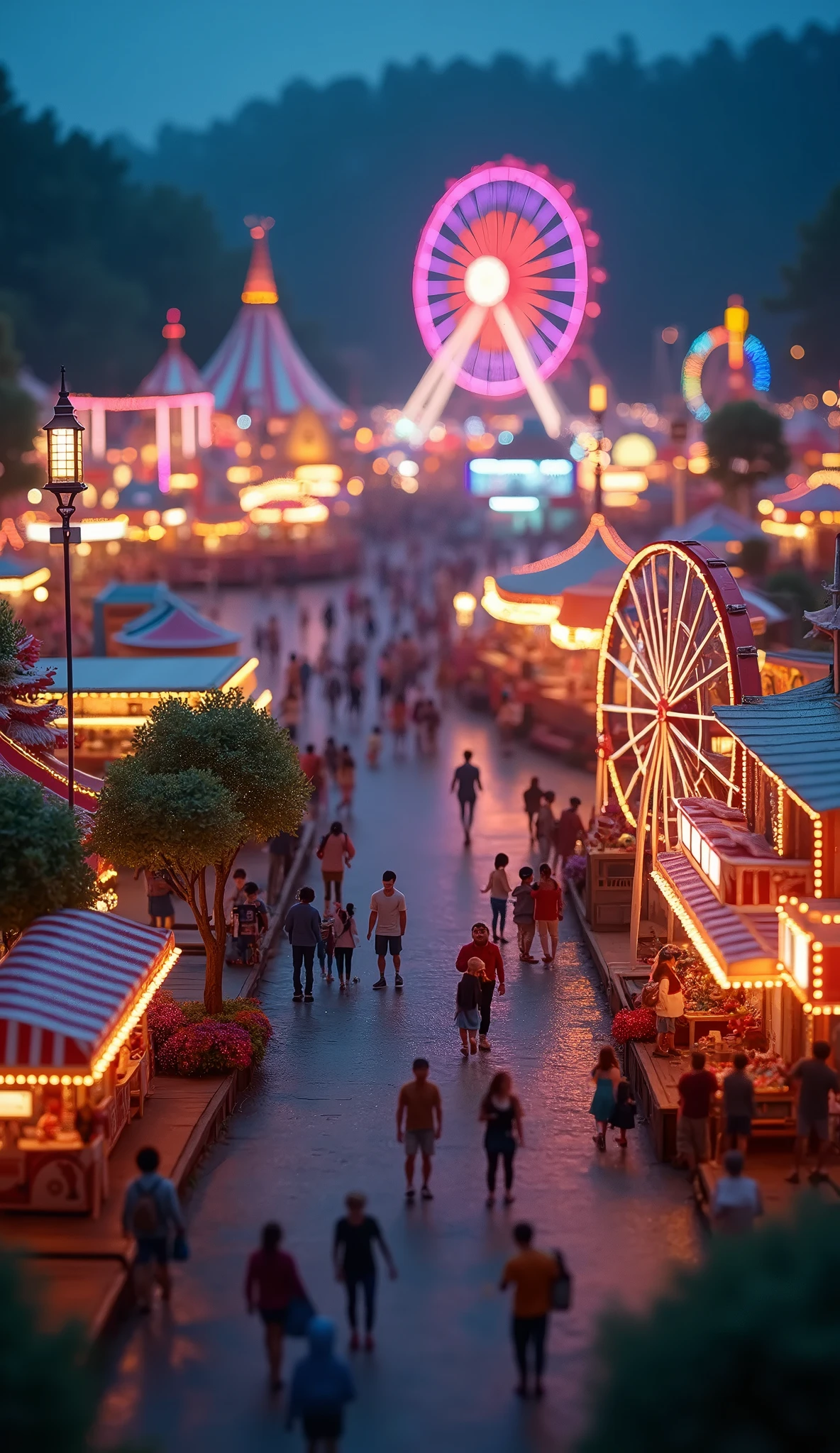  Amusement park at night full of lights joy, seen from above, miniature photograph  