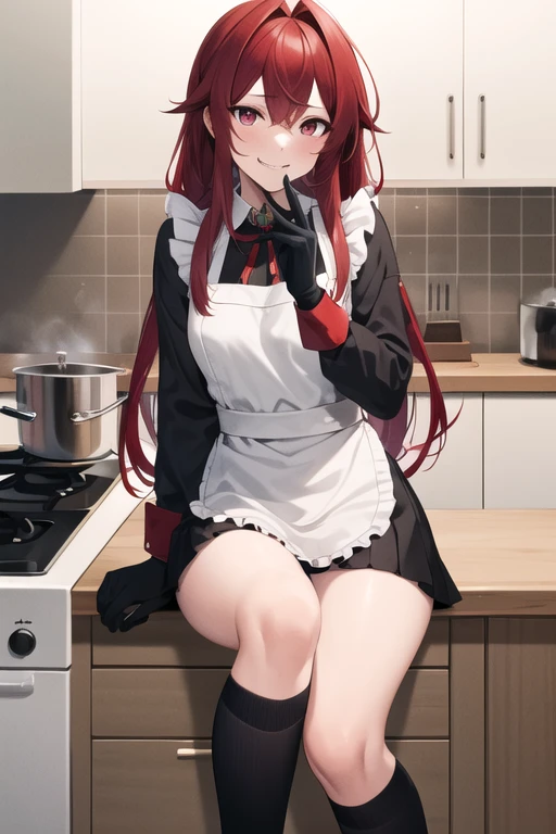 masterpiece, best quality, highres,pun , long hair, red hair, Long FRINGE, red eyes, Long sleeve gray shirt ,  with black gloves and a white kitchen apron Written "Tsumiki", a black skirt, Knee-length socks ,  Mischievous look while biting lips 