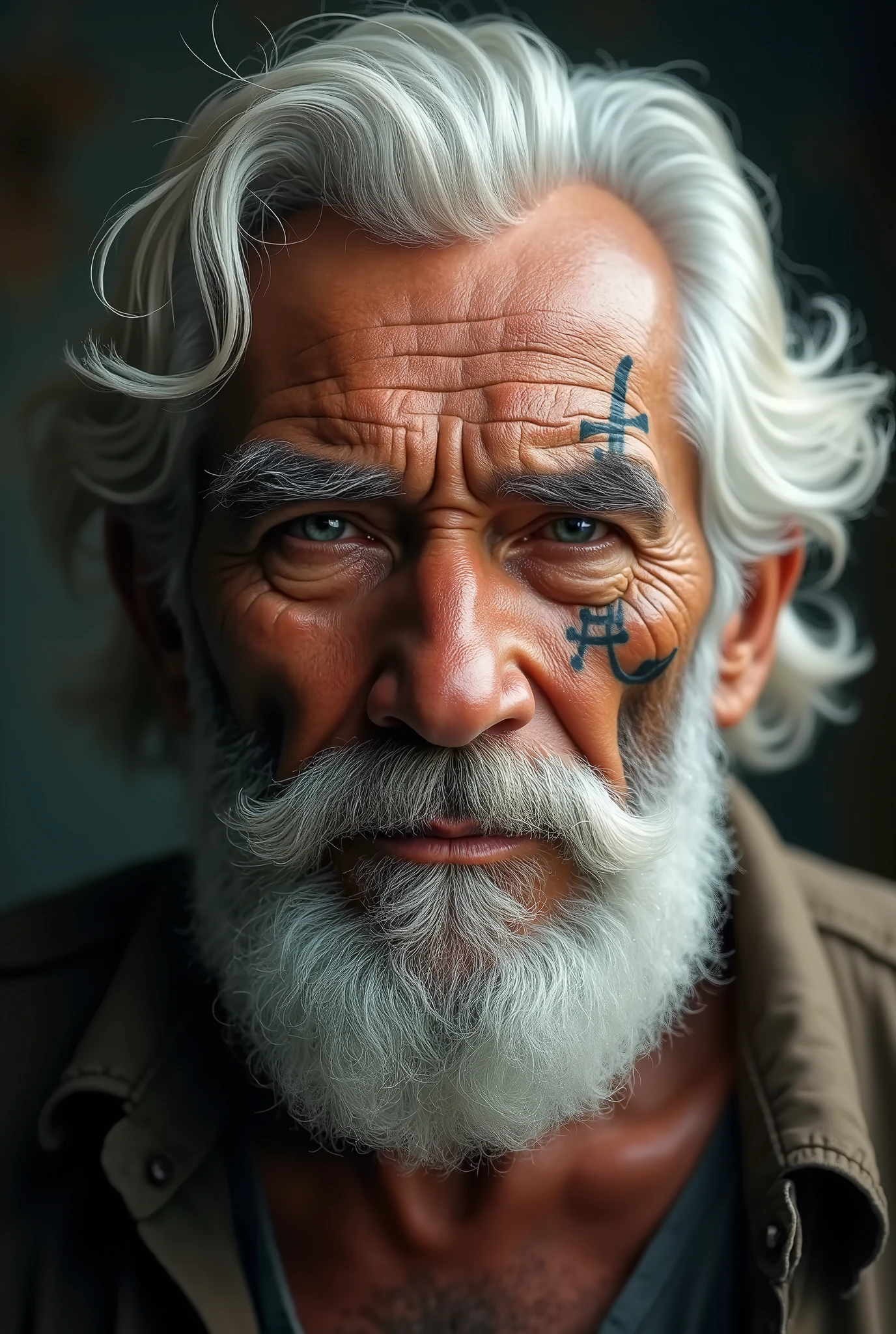 closeup portrait emotional photo of old man Daniel Sandner in rugged tan khaki bluesman clothes, long messy hair, native ethnic necklace, face, smoking cuban cigar, 8k uhd, high quality, film grain, looking at viewer, portrait, (skin pores:1.2), (moles:0.8), (imperfect skin:1.1), intricate details, goosebumps, flawless face, ((photorealistic):1.1), (raw, 8k:1.2), hyper realistic, HDR, cinematic, dark, muted colors, atmosphere, ((macro lens)), after dusk <lora:entropy-alpha:0.1>, hand gesture,