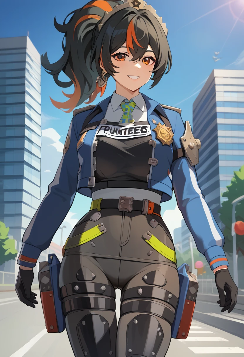 (master piece), (best quality), (8k), (ultra high resolution), (highest quality), (anime style), (best writing), (beautiful face), (masterpiece), (highest quality), (detailed beautiful face and eyes), (textile shading), (cowboy shot), (city), 1girl, solo, zhu yuan, orange eyes, black hair, long hair, streaked hair, ponytail, metal hairband, police uniform, blue jacket, cropped jacket, long sleeves, black vest, two-tone vest, black gloves, green necktie, plaid necktie, black pants, high-waist pants, belt, thigh straps, knee pads, holster, tight pants, blue footwear, beautiful breasts, walking, smile,,