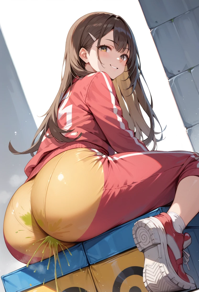 score_9,  score_8_up, score_7_up, source_anime, 1girl,Alone,  (Showing off her ass), looking at viewer, anime eyes, smug ness, long Hair, brown hair long, track suit, (fart_Yellow Fart:1.1), (lower clothed),Ultimate Quality, Sitting, (Pokemon_hikari), (Front angle), Sitting on cardboard, yellow stains in pants, lots of liquid, liquid flying out of stained ass