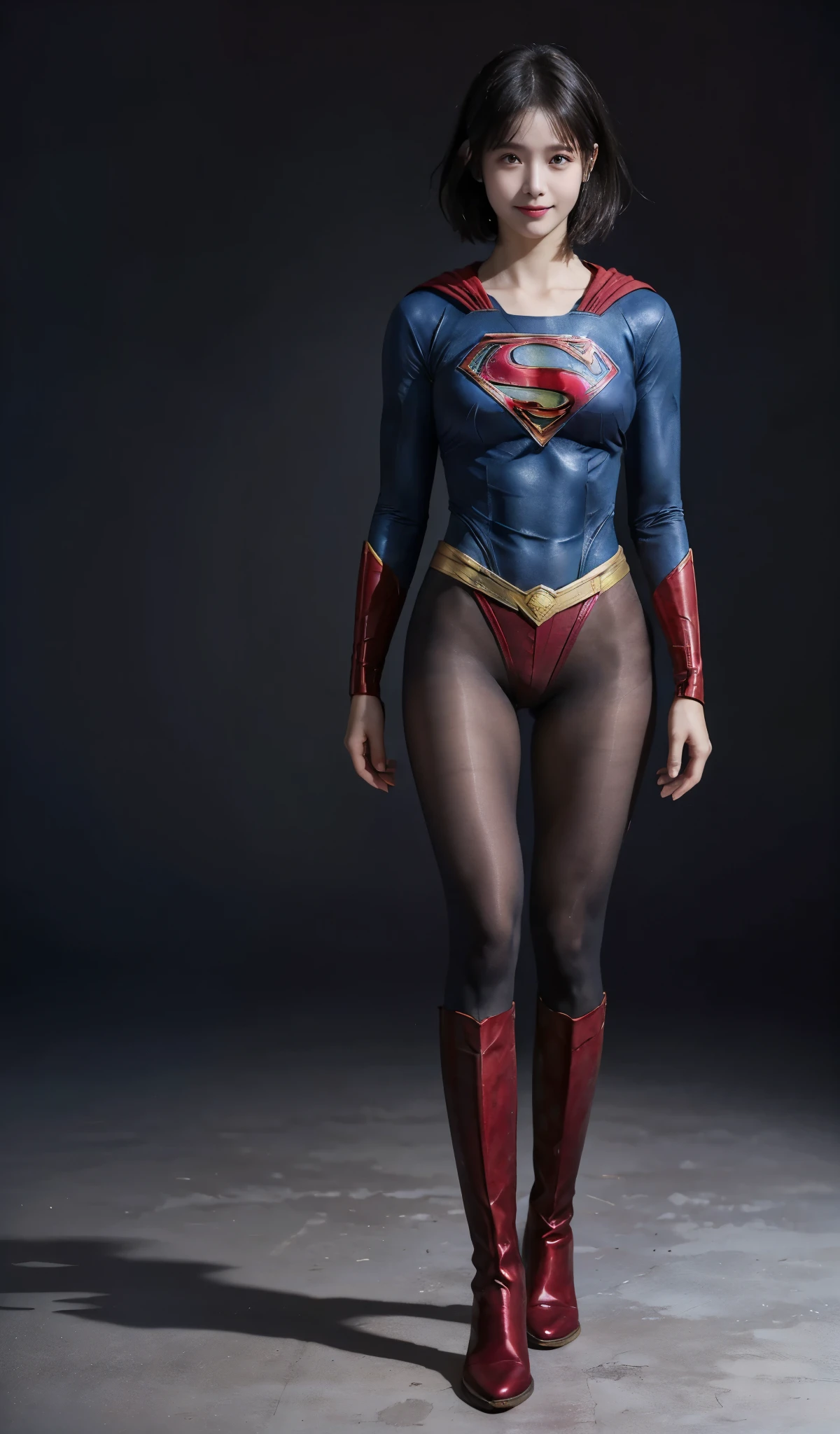 No background、(((Beautiful legs in black tights.)))、(((Legally Express the Beauty of Your Smile)))、((((Make the most of your original images)))、((( Supergirl Costume)))、(((Beautiful short bob hair)))、(((suffering)))、(((Please wear black tights....、Wear red boots)))、((Highest quality、8k))、((Best Quality、8k、masterpiece:1.3))、(((Save Background )))、Sharp focus:1.2、  Beautiful Woman with Perfect Figure :1.4、Thin abdominal muscles:1.2、Wet body:1.5、 Highly Detailed Face and Skin Textures、8k