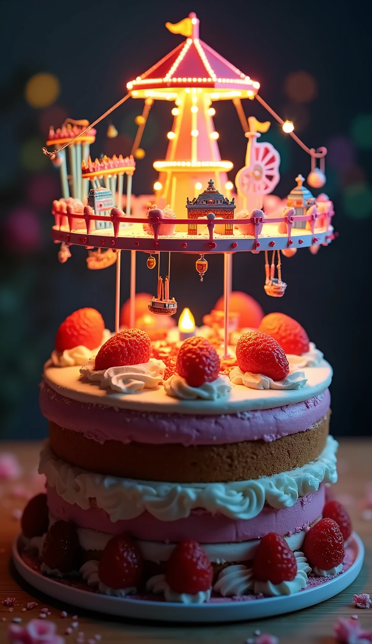 A Cake, birthday decoration, Above the cake a beautiful amusement park as decoration ,  with lights dark background low backlight highlight the amusement park, UHD, Retina, masterpiece, Accurate, anatomically correct, textured skin, Super detail, high details, high quality, Award Winning, best quality, highres, 1080P, HD, 16K