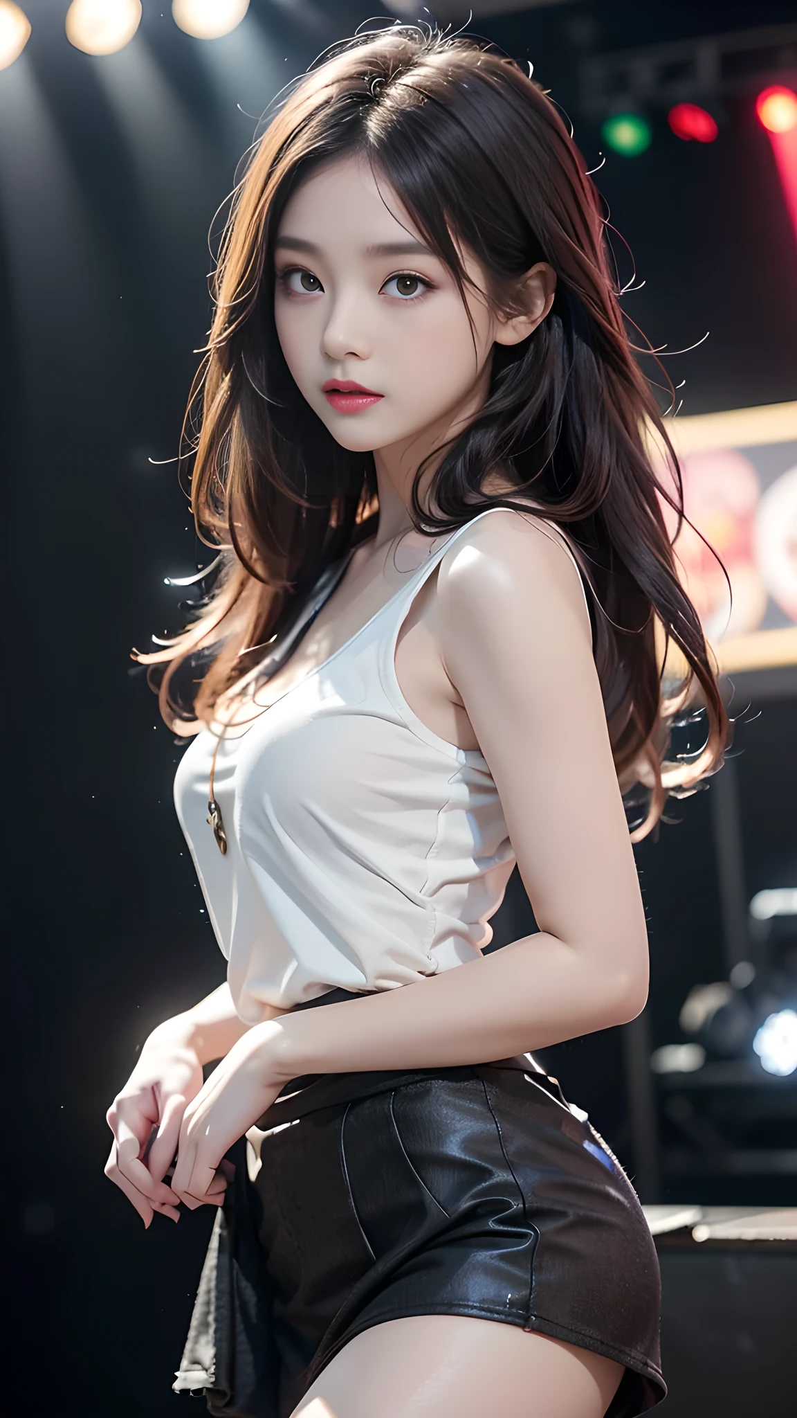 ulzzang-6500-v1.1, (RAW photo: 1.2), (Real photo), (Real photo: 1.4), 1 girl、Perfect anatomy、1、Looking at the camera、Medium length hair、dance skirt, ((performing on stage: 1.1))、(Business service)、Asian eyes Ella,