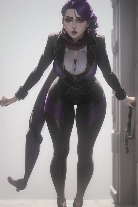 Giantess widowmaker, purple skin, visors on head, big hips, athletic body, gts city, city buildings, smoke, clouds, evil, realistic lighting, high heels, from below, 3d