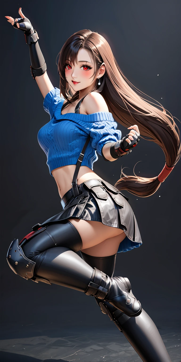 (masterpiece,Highest quality,Ultra-high resolution),(((A very beautiful girl))), age 16, metTifa, red eyes, low-tied long hair, earrings, cropped sweater, blue sweater, off-shoulder, midriff, short sleeves, suspender skirt, elbow gloves, fingerless gloves, armored legwear, dynamic pose, sexy pose, blush, sexy smile, hair blowing in the wind, steam:1.3, black background 