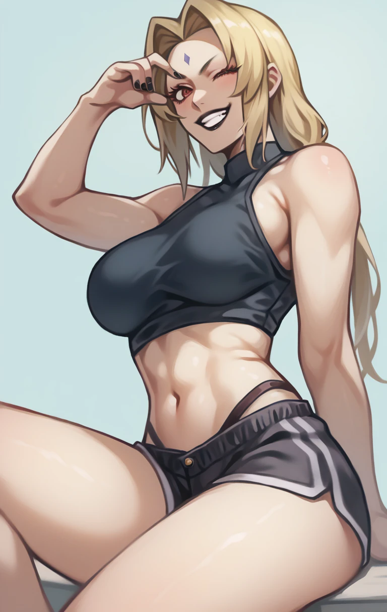  A villain who stole Hokage's body and now takes advantage of her new body this woman Tsunade 
Senju Hokage   ,  she wears revealing short gym shorts and a black crop top with this one sitting cross-legged wearing black lipstick , smiling with his hands on his face, the villain is satisfied that he got his new body , Big boobs wearing black nail polish  