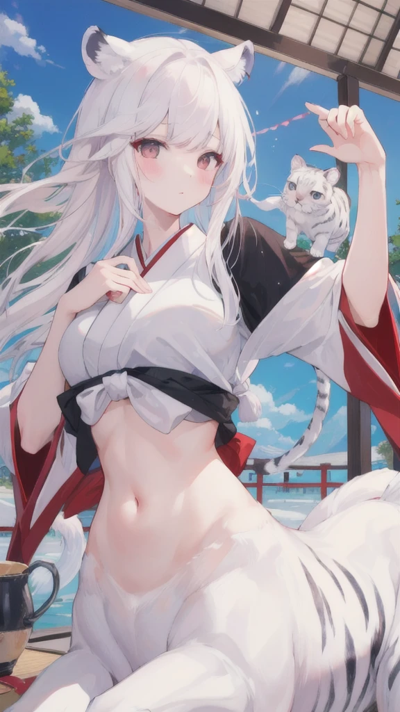 (best quality, masterpiece), 1 girl, centaur, It takes, White skin, Japanese  , exposing the abdomen,belly button t-shirt, 아름다운 소녀 perfect white tiger photo, perfect white tiger photo
