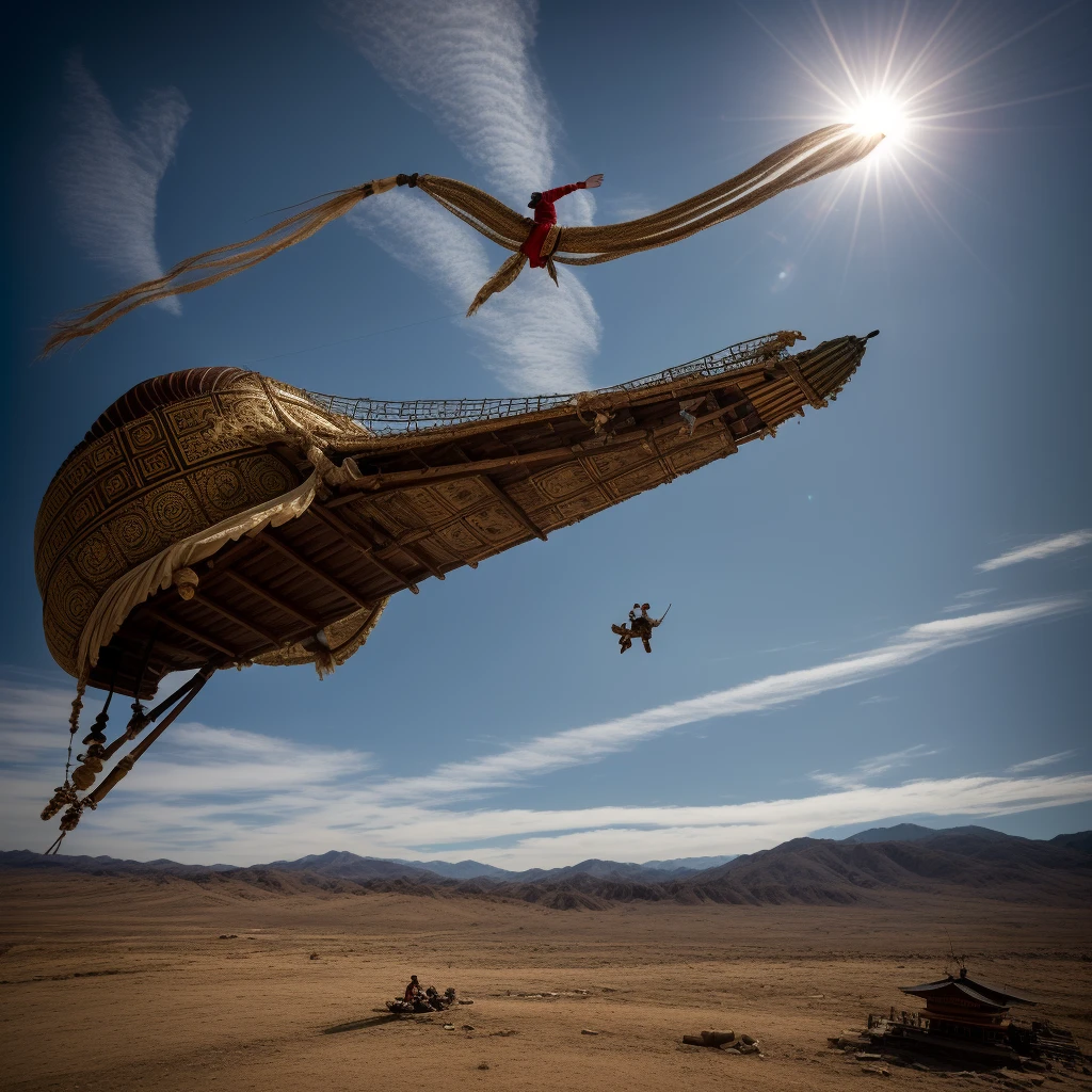 kiệt tác, best,  cinematic photo of a man with a stick in his hand and Baba Yaga is flying above him on a stupa, ahead of the F-16 aircraft and all this in the future, Photograph, phim,  highres 