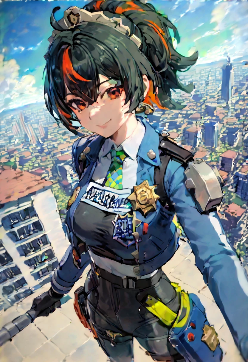 (master piece), (best quality), (8k), (ultra high resolution), (highest quality), (anime style), (best writing), (beautiful face), (masterpiece), (highest quality), (detailed beautiful face and eyes), (textile shading), (cowboy shot), (city), 1girl, solo, zhu yuan, orange eyes, black hair, long hair, streaked hair, ponytail, metal hairband, police uniform, blue jacket, cropped jacket, long sleeves, black vest, two-tone vest, black gloves, green necktie, plaid necktie, black pants, high-waist pants, belt, thigh straps, knee pads, holster, tight pants, blue footwear, beautiful breasts, smile, knees to chest, (from above:1.3),,