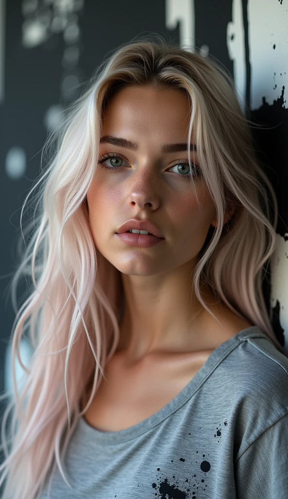 comely (((darkskin:1.2))) androgen:1.3, ((darkskin:1.2)), (((black hair))), (((full shot))), (((full body shot))), ethereal darkskin beauty,blue piercing eyes,long flowing White hair,darkskin complexion,soft pink lips,sensual behavior,seducing gaze,pose crying expression with subtle tear,pure white dress,Delicate features,striking contrast with the environment,soft natural light,subtle shadows,ethereal atmosphere,swirly vibrant colors,dream scenario,romantic atmosphere,artistic portrait,highly detailed rendering,Photorealistic quality.