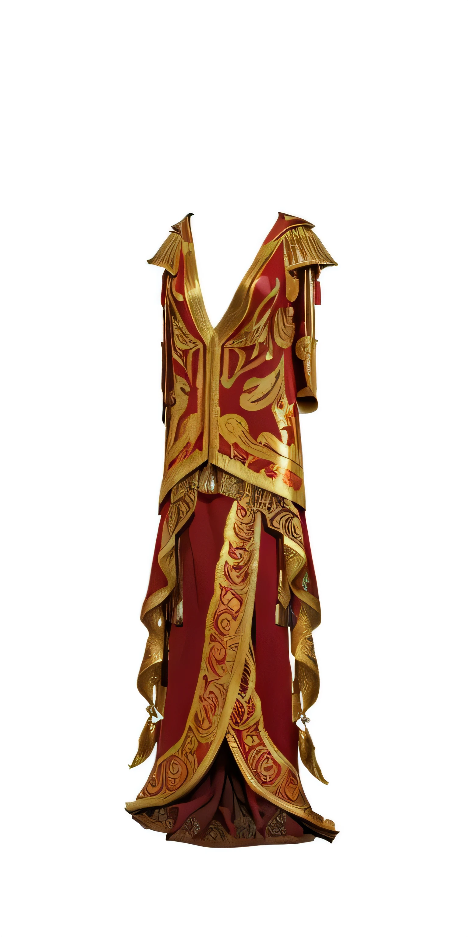 there is a very unusual dress made of fabric and fabric, red and gold ornate dress, tribal armor, morrowind armor, ornate dress, red and gold sumptuous garb, tribal clothing, ornate attire, ornate clothing, ornate gown, intricate robes, ornate flowing robes, fire dress, ornate robes, scaled robes, intricate fantasy dress, very detailed and rich clothing