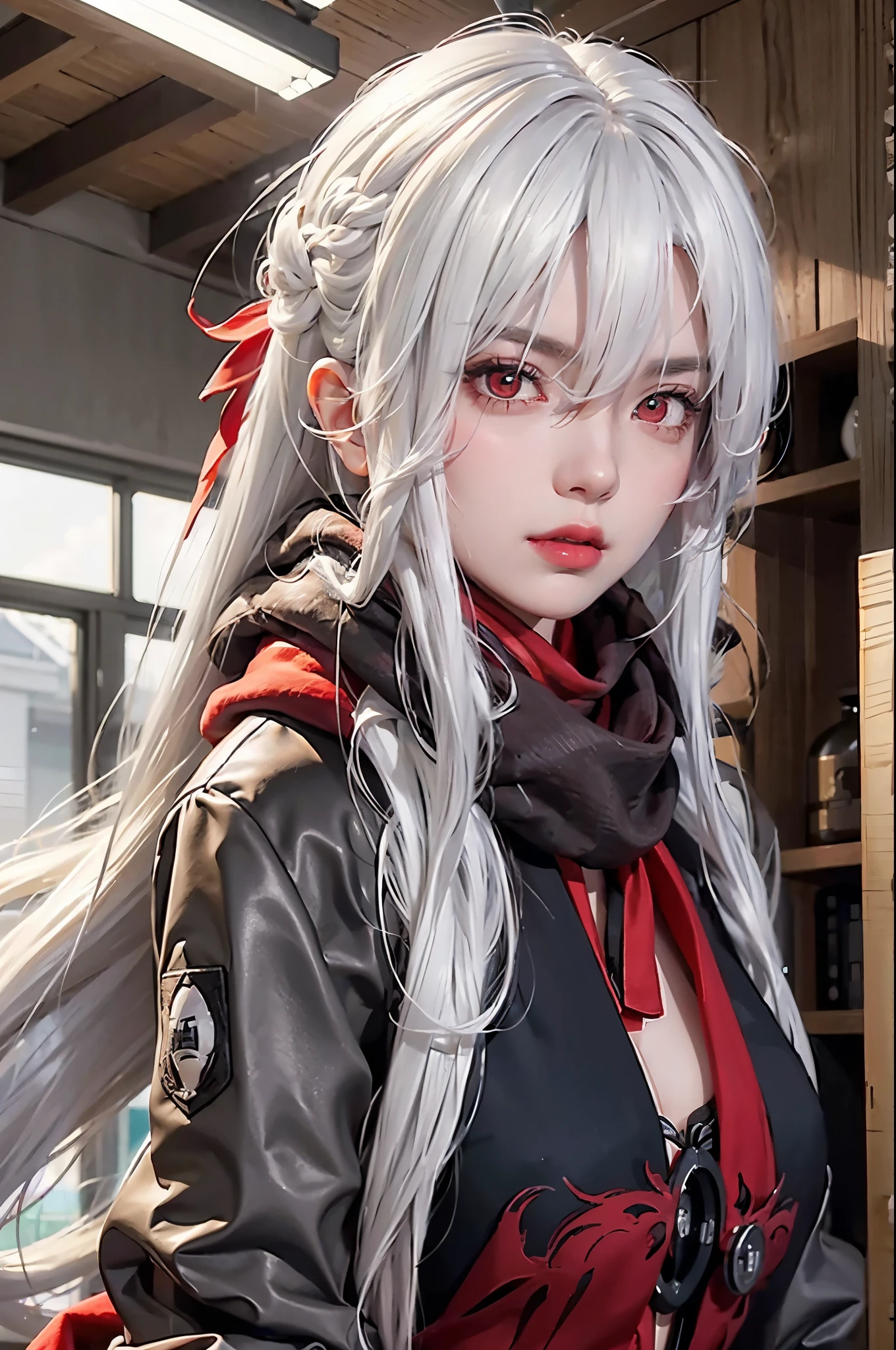 ((Best quality)), 1girl, white hair, red coat, large breasts, red eyes, long hair, hair over one eye, red scarf, indoors, close up,