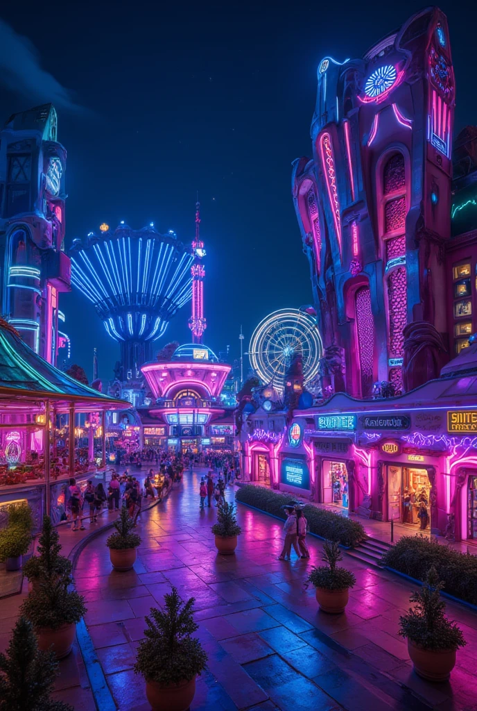 Colorful photos、Fantastic World、（Best Quality、8k、masterpiece）、The background is a futuristic amusement park illuminated by neon lights at night、An amusement park where neon lights shine 