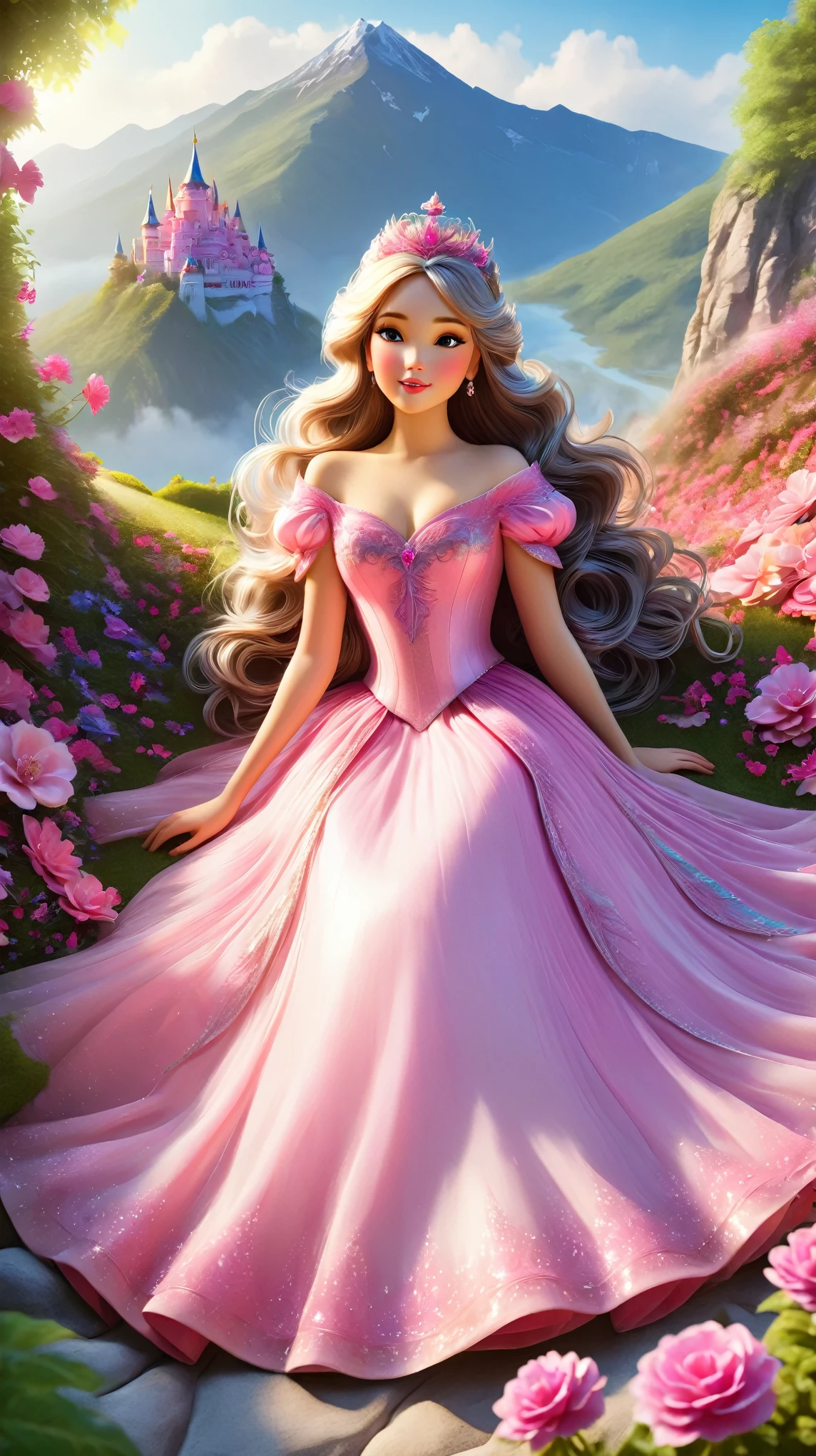 A gorgeous lady princess lying down at a pink garden and mountain