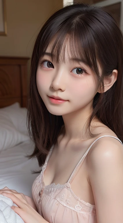 Japanese students、Beautiful Girl　cute　baby face　Genuine、 Detailed face, Delicate skin, pores, High resolution, Sleeping in bed