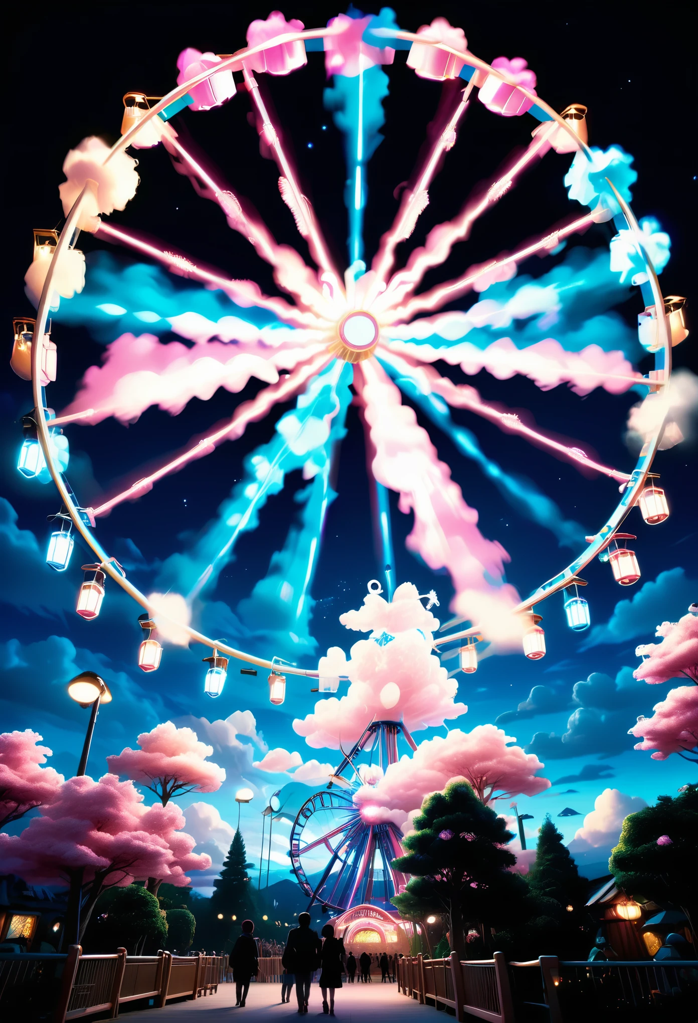 (Very unified cg scene design), Amusement Park, ferris wheel, roller coaster, pink and blue,, star lights,，，like a dream, mythical lighting，4k detail, Dramatic light and shadow, like a dream ,Beautiful art by Yoshitaka Amano at Studio Ghibli，3Drenderingof，c4d，Fantasyart，mirai，cartoony，