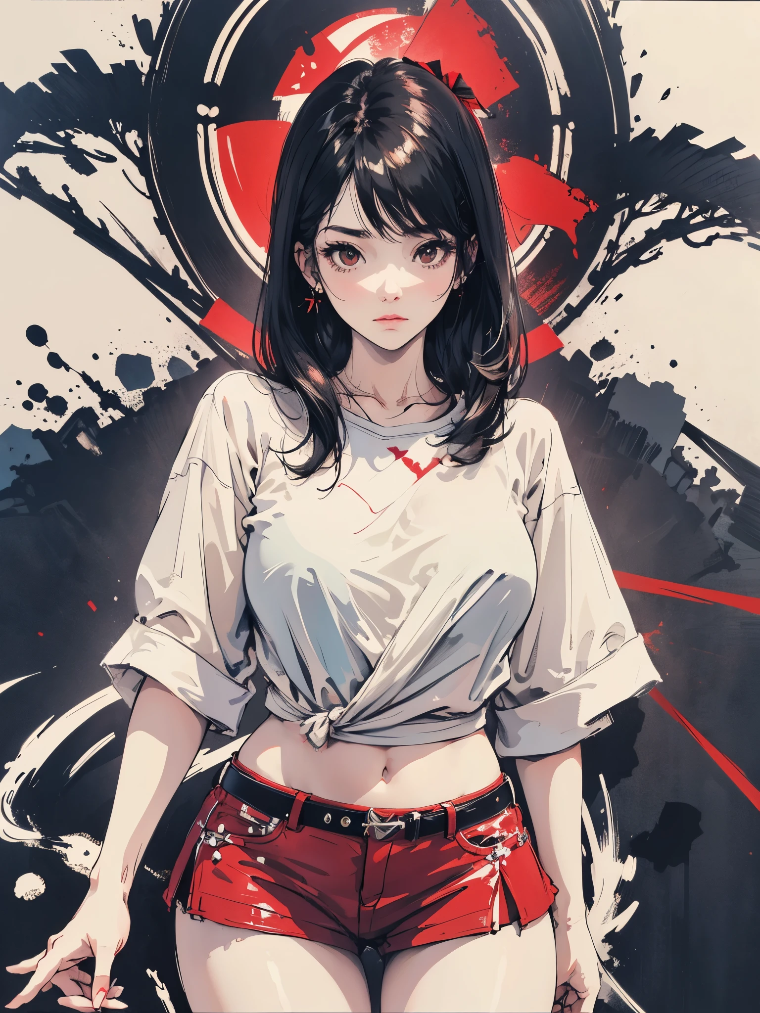 masterpiece, highres, high quality, extremly detailed, red miniskirt, black ribbon, white shirt,