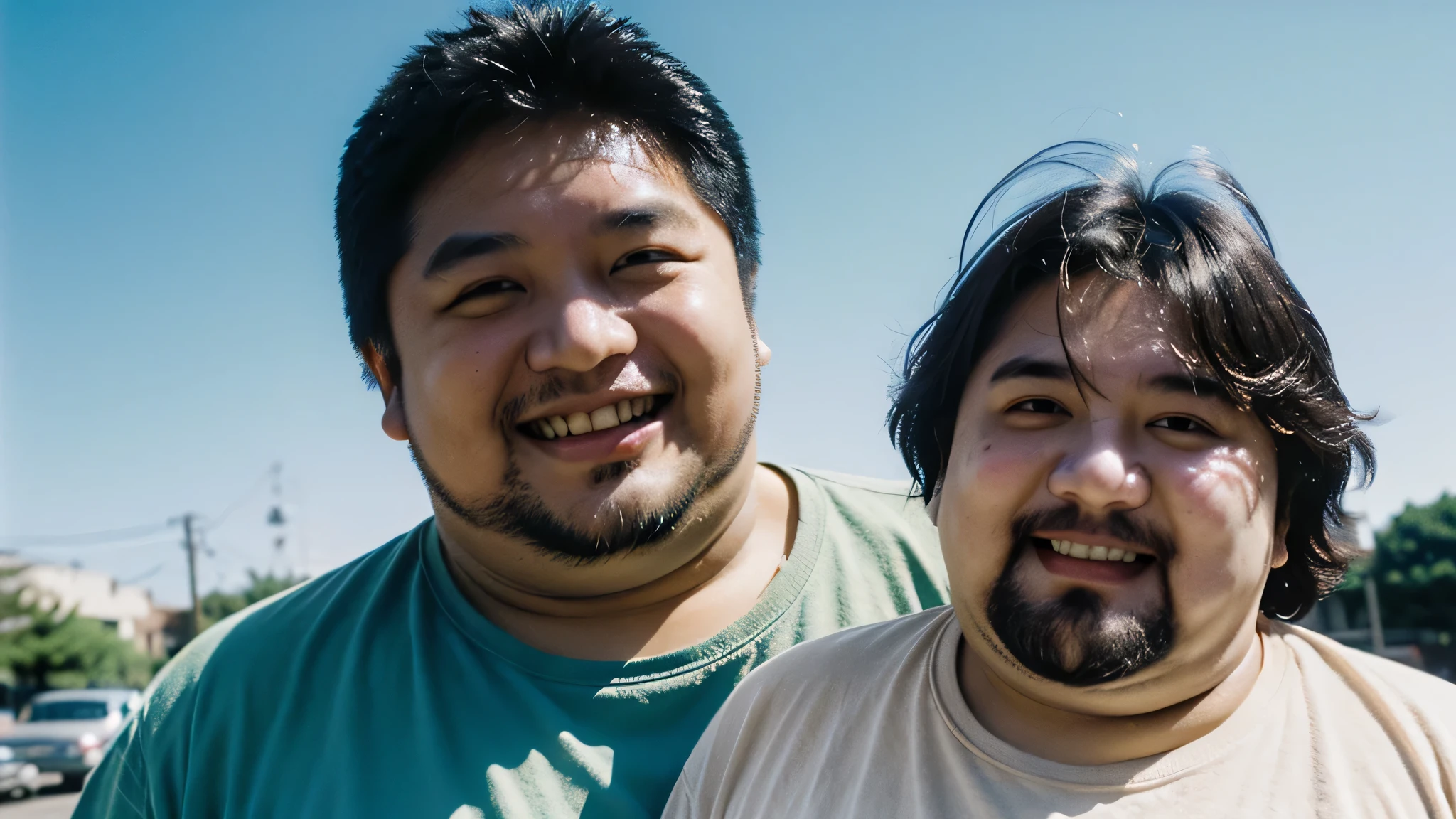 There are two men standing next to each other in a parking lot - SeaArt AI