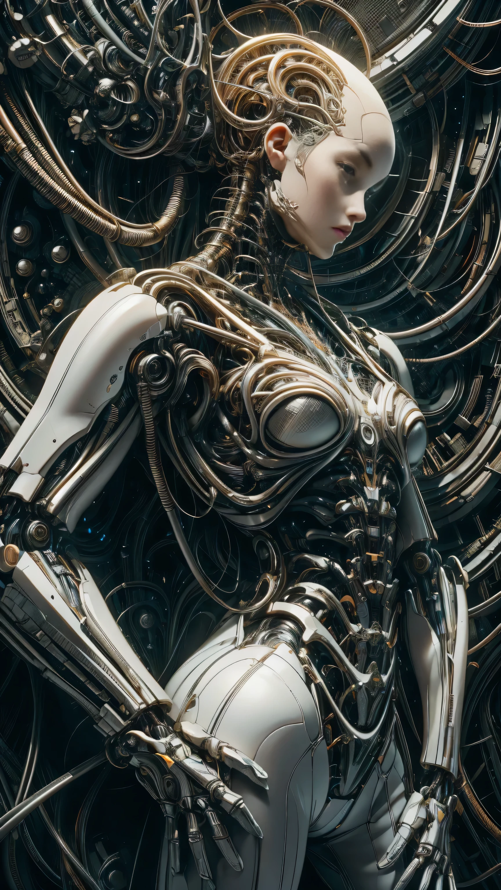 (( masterpiece))), ((( The best quality ))), ((ultra detailed)), (Highly detailed CG illustration), ((An extremely delicate and beautiful)),(sideways),cinematic light,((1 mechanical chica)),Alone,full body,(machine made joints:1.2),((mechanical members)),(blood vessels connected to tubes),(mechanical vertebra attaching to back),((cuello mecánico que se une al cuello)),(session),expressionless,(wires and cables attaching to neck:1.2),(cables and wires in the head:1.2)(character focus),Science fiction,extremely detailed,showy,more detailed,realistic,(Robot factory background image),