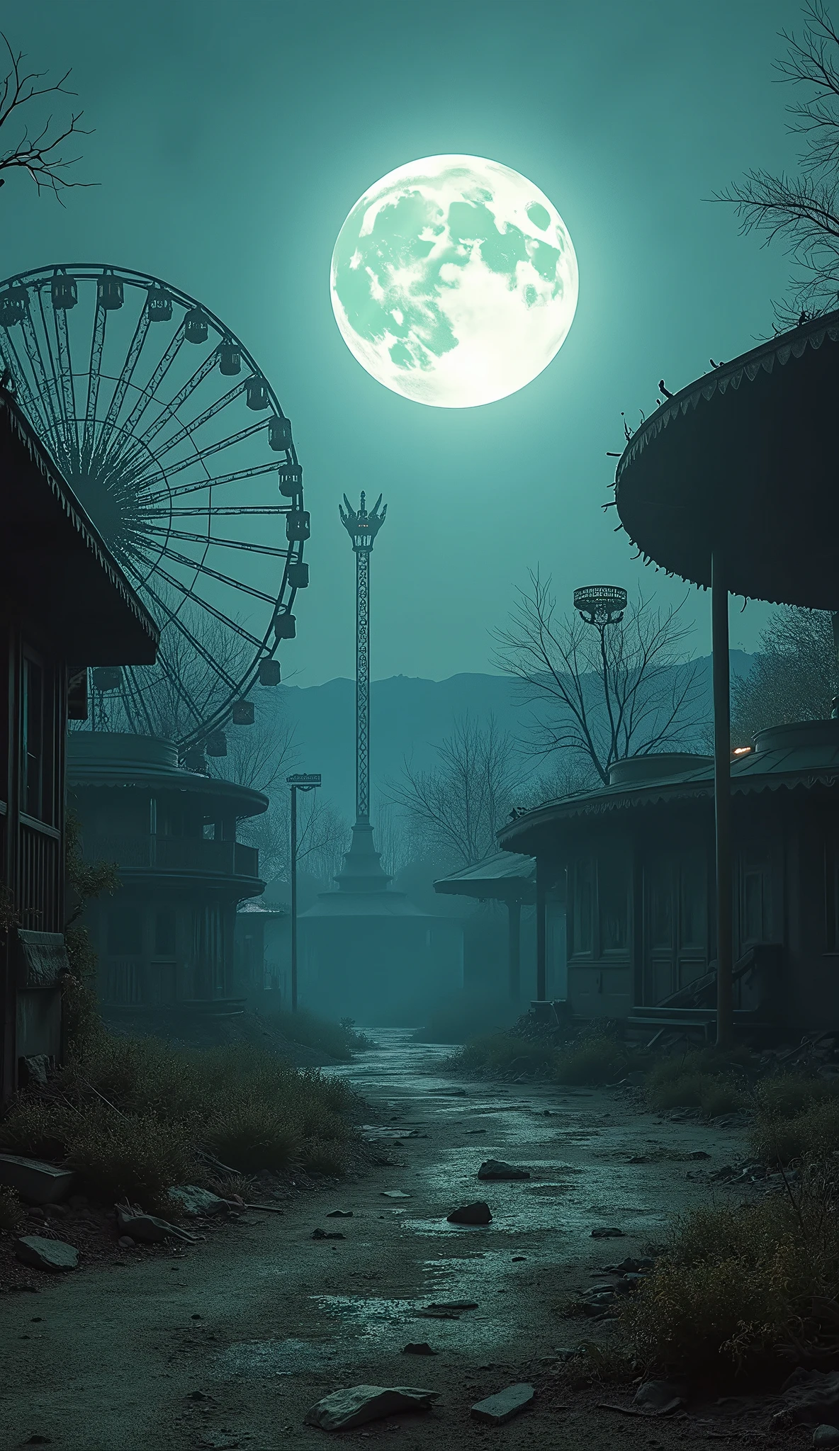 It&#39;s night time, Moon lighting abandoned apocalyptic amusement park, debris, Abandoned dirt , UHD, Retina, hyperrealistic, masterpiece, Accurate, anatomically correct, textured skin, Super detail, high details, high quality, Award Winning, best quality, highres, 1080P, HD, 16K