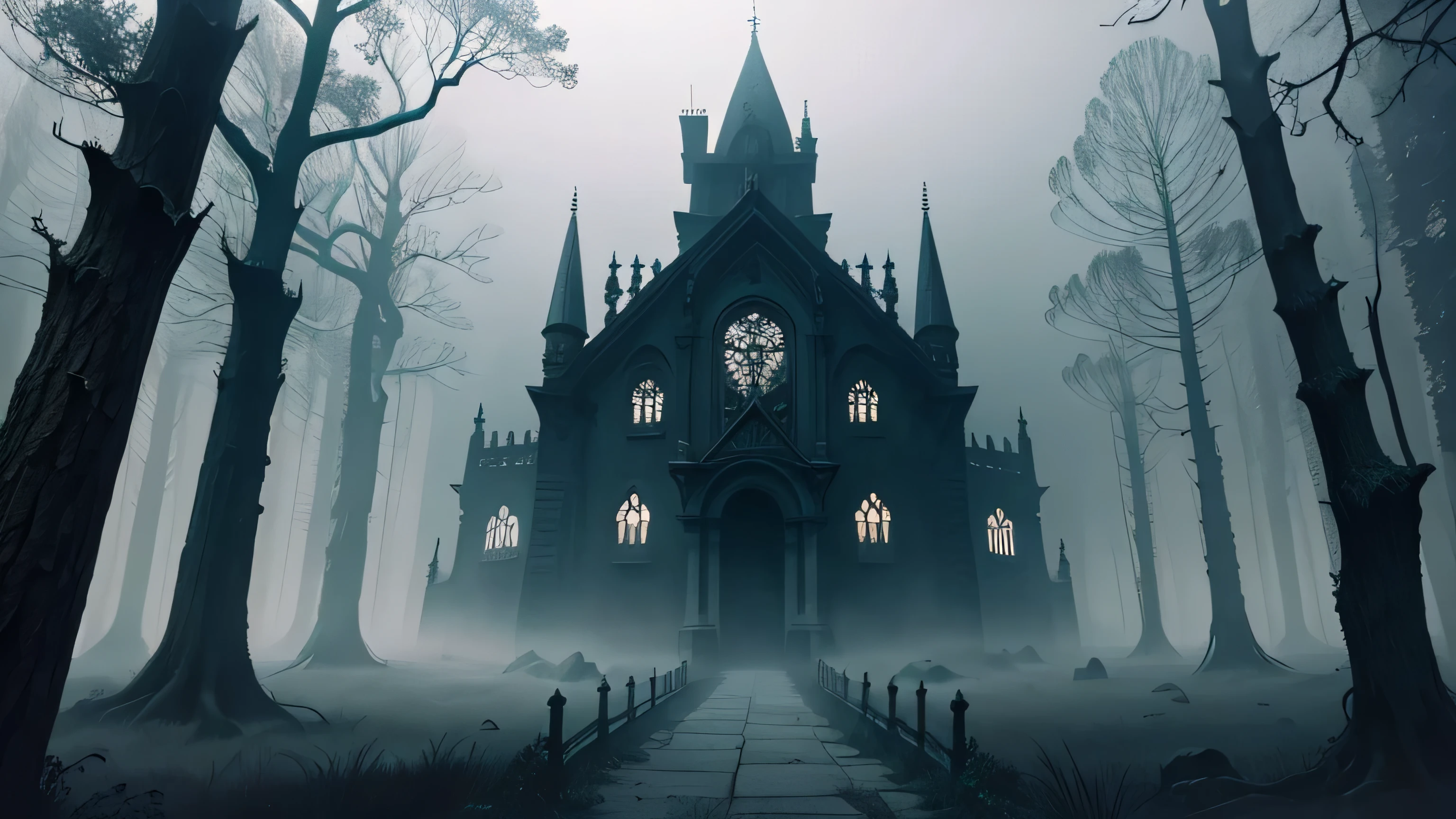 A dark castle in the middle of a forest with a clock tower - SeaArt AI