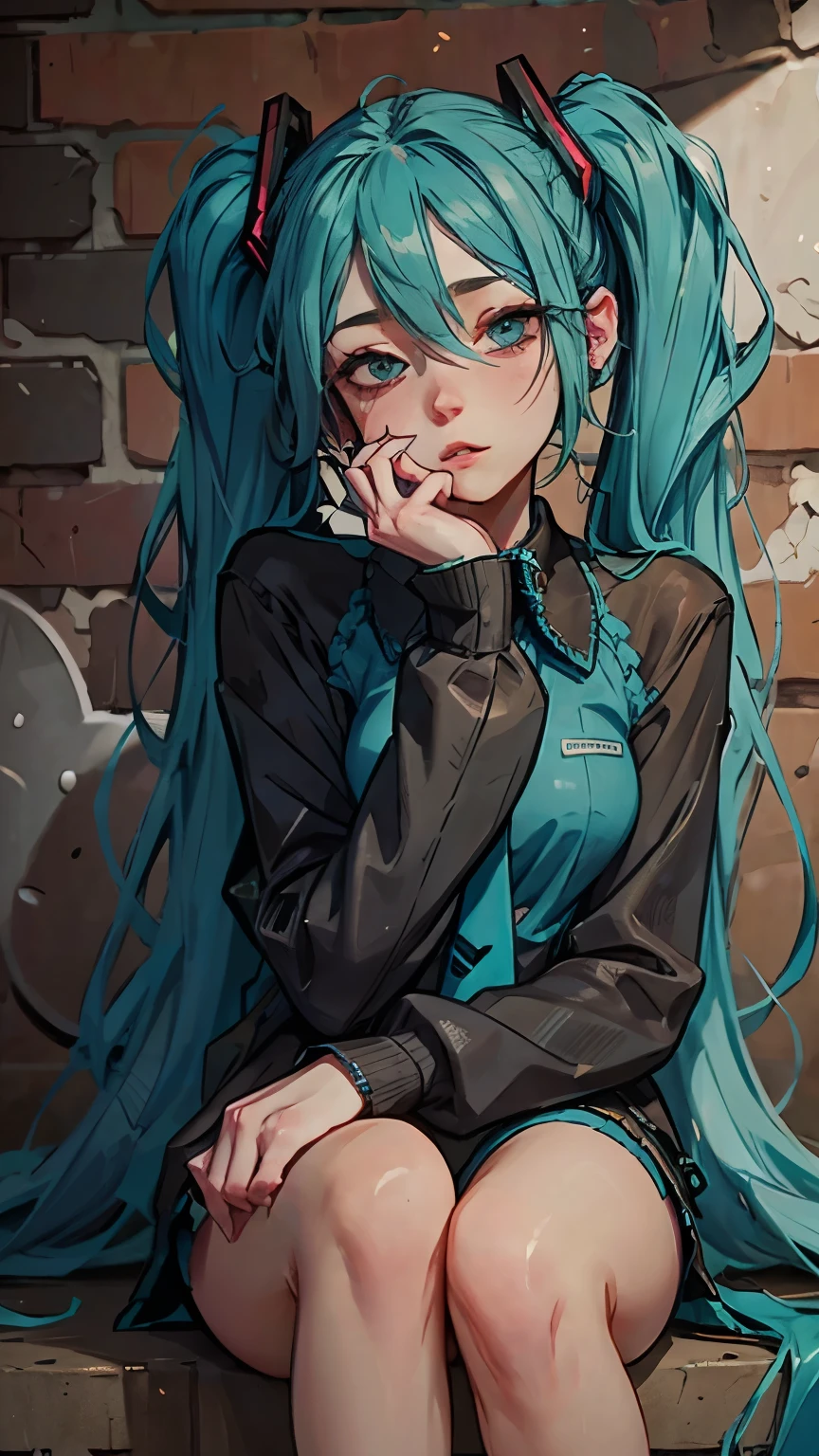 I am Hatsune Miku, Virtual Singer, Hatsune Miku, Vocaloid, Character Voice, Hatsune Miku, Cinematic Light, Sitting Leaning Against Graffiti Brick Wall, Side Light, Sharp Focus, Beautiful Details, Detailed and Delicate, Detailed Texture, Realistic Expressions, Realistic and Colorful, Delicate,