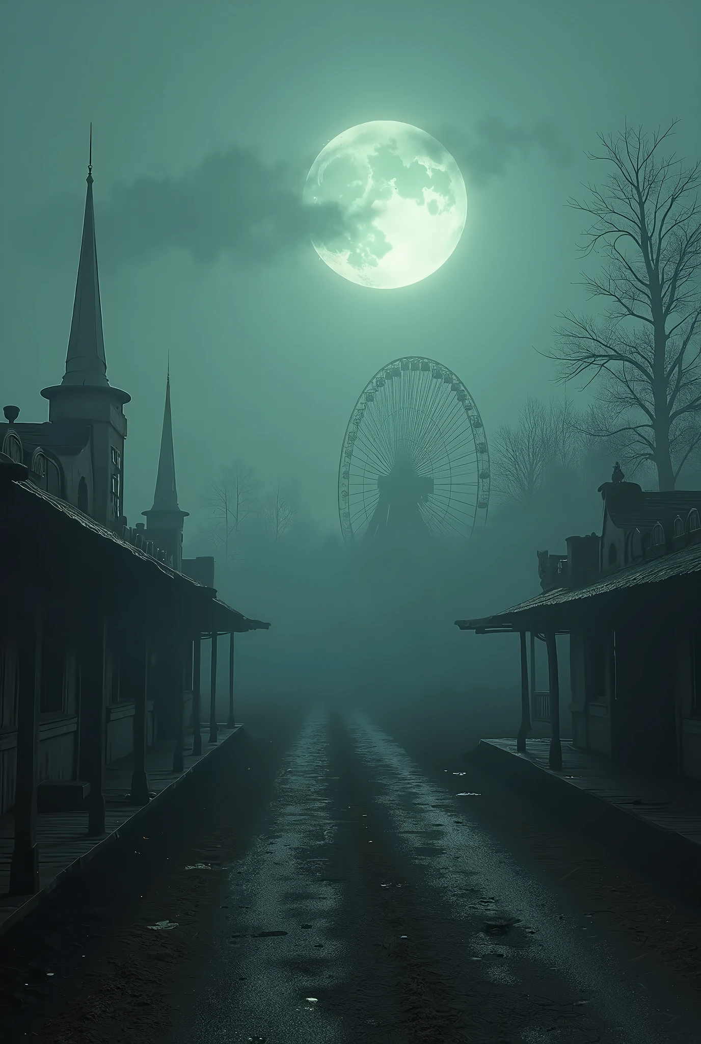 It's dark night , dismal,  is there some fog, Moon lighting abandoned apocalyptic amusement park, debris, Abandoned dirt , UHD, Retina, hyperrealistic, masterpiece, Accurate, anatomically correct, textured skin, Super detail, high details, high quality, Award Winning, best quality, highres, 1080P, HD, 16K