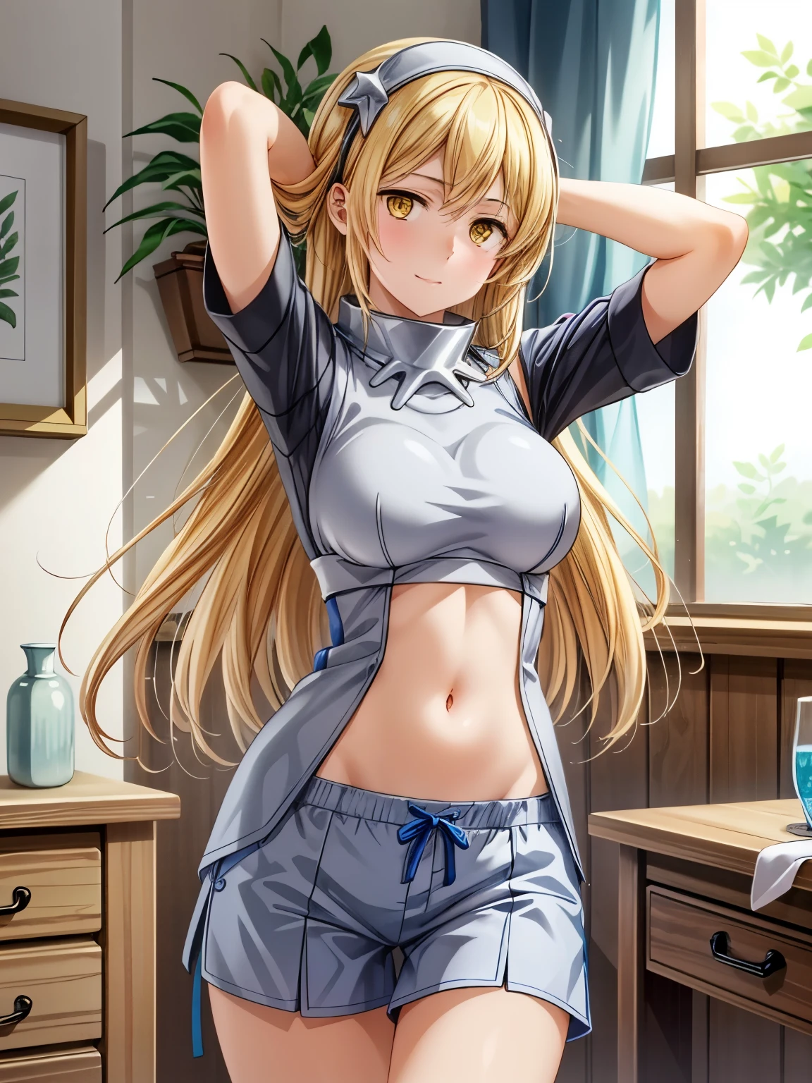 (masterpiece、Best Quality、detailed)、People Girl、solo、Ais Wallenstein、( anime illustration style :1.3)、 blonde hair, Long Hair, Straight Hair, Yellow Eyes,indoor、Closed Mouth、smile、Long Hair、Attractive eyes、Half asleep、(Shorts、In pajamas:1.2),Hands behind head、Sharp pupils、High resolution、High resolution、 super fine painting,、(非常にdetailed、color、Sparkle)、(Genuine、Real、Realistic:1.3)、 High resolution、超High resolution