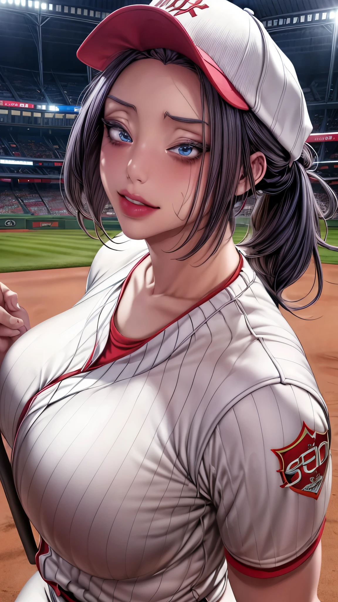 tmasterpiece， highly  detailed， best qualtiy， Ultra-high resolution， 1girll， solo，（Hinata flower proportions：1），Long hair hanging low, Hair Band, Hana's purple eyes, pony tails, Beautiful, Beautiful woman, Perfect body, perfect breastm, Wearing a white baseball shirt, Wearing a baseball cap, On the baseball field, holding a Baseball Bat, view the viewer, Slight smile, Realism, Masterpiece, Textured skin, Super detail, High detail, High quality, Best quality, 1080P, 16k，Big，Be red in the face，Blushlush，perspire，Sweat profusely，There are a lot of water droplets on the face，