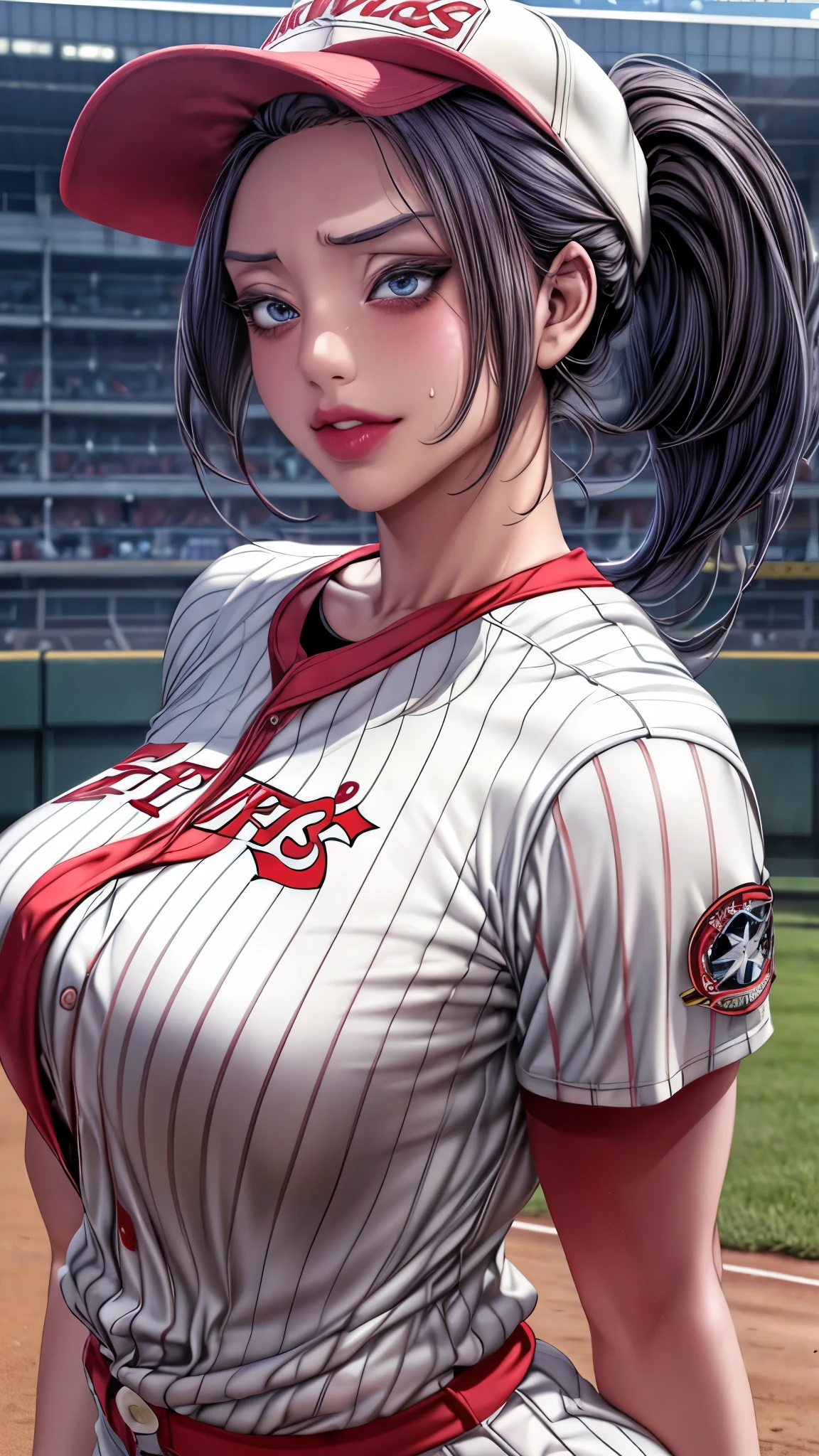 tmasterpiece， highly  detailed， best qualtiy， Ultra-high resolution， 1girll， solo，（Hinata flower proportions：1），Long hair hanging low, Hair Band, Hana's purple eyes, pony tails, Beautiful, Beautiful woman, Perfect body, perfect breastm, Wearing a white baseball shirt, Wearing a baseball cap, On the baseball field, holding a Baseball Bat, view the viewer, Slight smile, Realism, Masterpiece, Textured skin, Super detail, High detail, High quality, Best quality, 1080P, 16k，Big，Be red in the face，Blushlush，perspire，Sweat profusely，There are a lot of water droplets on the face，