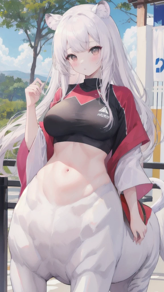 1girll, White hair, red eyes, nabel, looking at viewert, hand on hips, black black jacket, dolphinshorts, groin, (white shirt:1.2), pigtails, Very long hair, Wide buttock,
underbust,The shirt,
The large\(BodyProportions\),Pregnant belly, maternity attire for pregnant women,maternity dress,pregnant belly,Pregnant belly