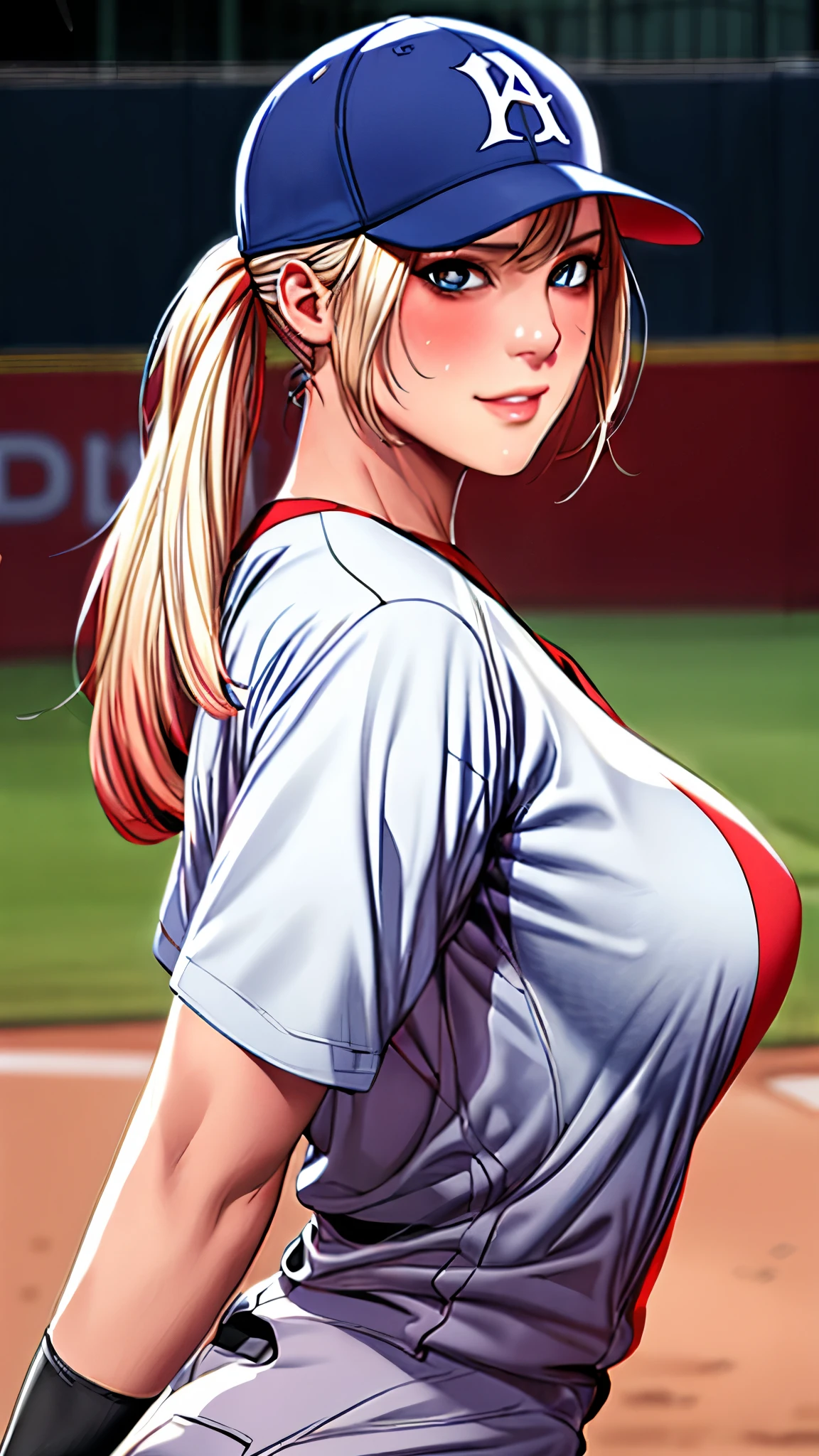 tmasterpiece， highly  detailed， best qualtiy， Ultra-high resolution， 1girll， solo，（Hinata flower proportions：1），Long hair hanging low, Hair Band, Hana's purple eyes, pony tails, Beautiful, Beautiful woman, Perfect body, perfect breastm, Wearing a white baseball shirt, Wearing a baseball cap, On the baseball field, holding a Baseball Bat, view the viewer, Slight smile, Realism, Masterpiece, Textured skin, Super detail, High detail, High quality, Best quality, 1080P, 16k，Big，Be red in the face，Blushlush，perspire，Sweat profusely，There are a lot of water droplets on the face，