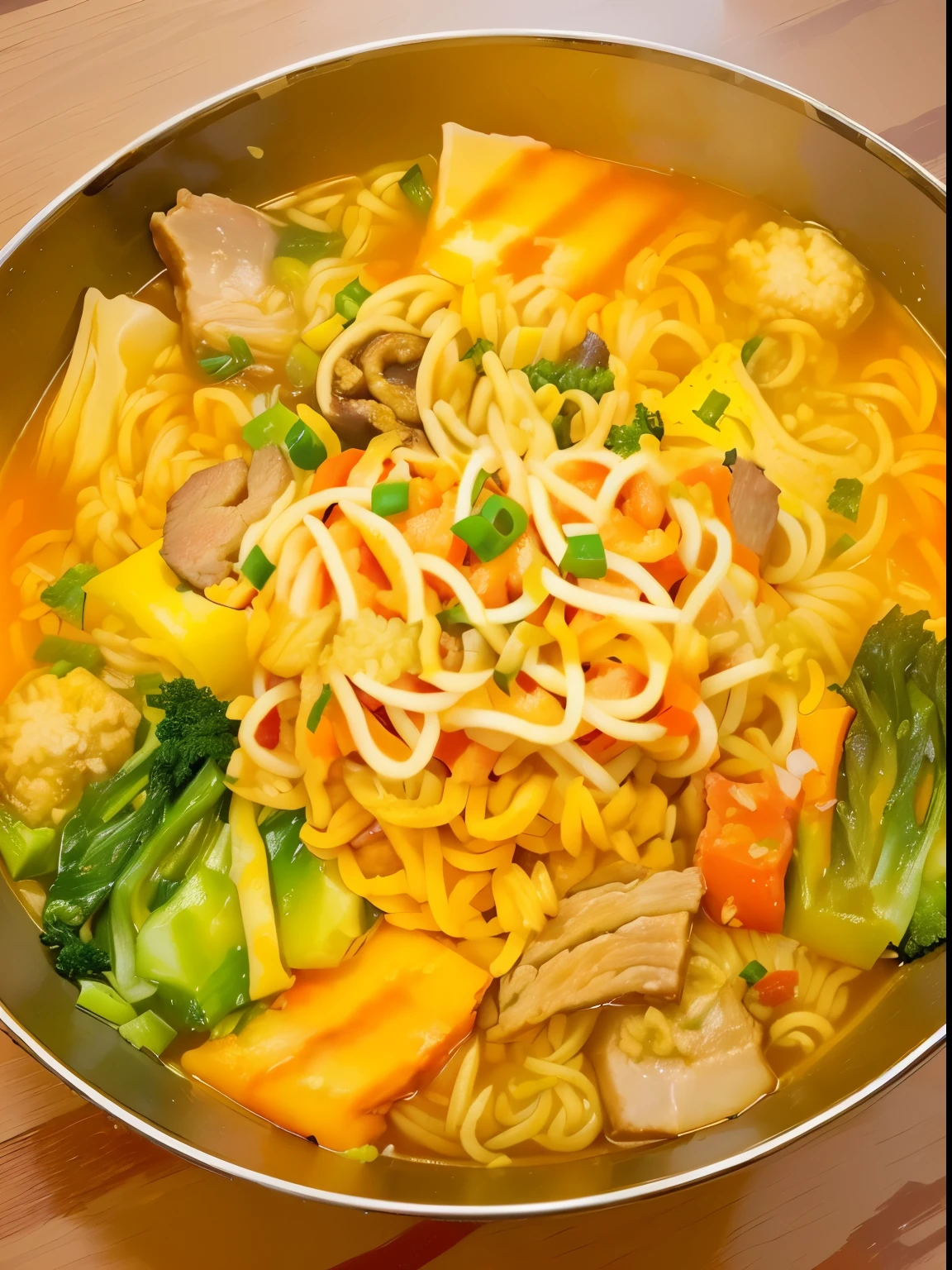 A spicy bowl of noodles, meat, and vegetables was put on the table