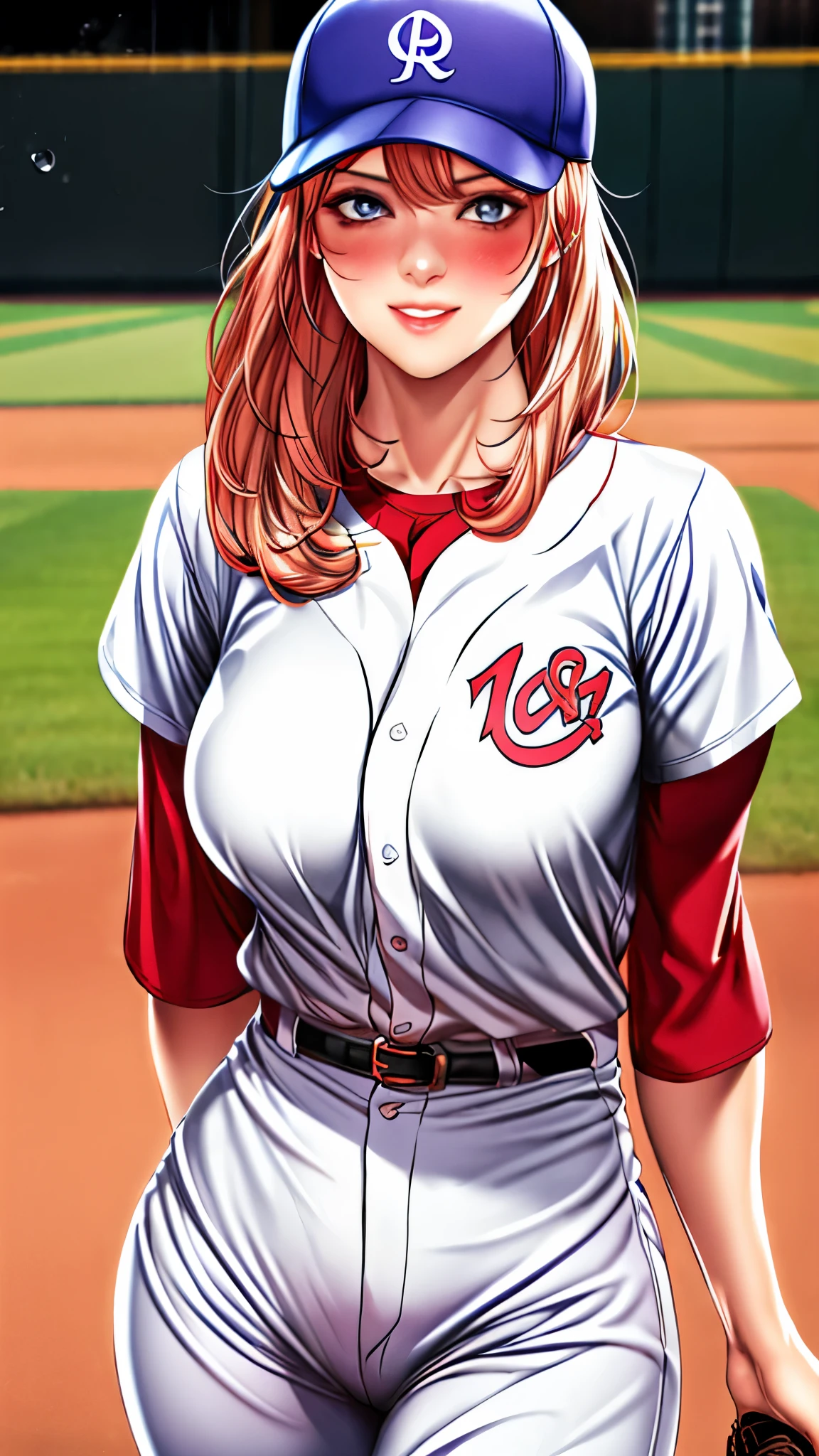 tmasterpiece， highly  detailed， best qualtiy， Ultra-high resolution， 1girll， solo，（Hinata flower proportions：1），Long hair hanging low, Hair Band, Hana's purple eyes, pony tails, Beautiful, Beautiful woman, Perfect body, perfect breastm, Wearing a white baseball shirt, Wearing a baseball cap, On the baseball field, holding a Baseball Bat, view the viewer, Slight smile, Realism, Masterpiece, Textured skin, Super detail, High detail, High quality, Best quality, 1080P, 16k，Big，Be red in the face，Blushlush，perspire，Sweat profusely，There are a lot of water droplets on the face，