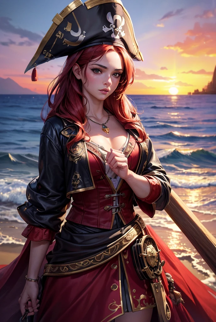 A beautiful detailed face, beautiful detailed eyes, beautiful detailed lips, 1girl, pirate girl, red hair, red and black pirate clothes, pirate hat, treasure island, ocean waves, sunset sky, dramatic lighting, cinematic, epic, fantasy, highly detailed, intricate details, vibrant colors, photorealistic, 8k, (best quality, 4k, 8k, highres, masterpiece:1.2), ultra-detailed, (realistic, photorealistic, photo-realistic:1.37), HDR, UHD, studio lighting, ultra-fine painting, sharp focus, physically-based rendering, extreme detail description, professional, vivid colors, bokeh