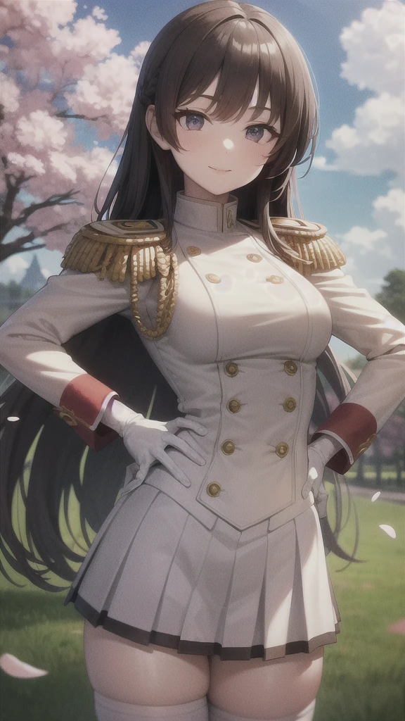 masterpiece, best quality, nmascot, epaulettes, uniform, pleated skirt, white thighhighs, medium breasts, looking at viewer, upper body, petals, cherry blossoms, light smile, sky, clouds, hands on hips, beautiful hands   