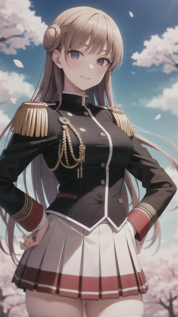 masterpiece, best quality, nmascot, epaulettes, uniform, pleated skirt, white thighhighs, medium breasts, looking at viewer, upper body, petals, cherry blossoms, light smile, sky, clouds, hands on hips, beautiful hands   