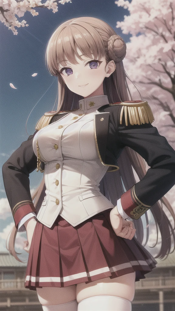 masterpiece, best quality, nmascot, epaulettes, uniform, pleated skirt, white thighhighs, medium breasts, looking at viewer, upper body, petals, cherry blossoms, light smile, sky, clouds, hands on hips, beautiful hands   