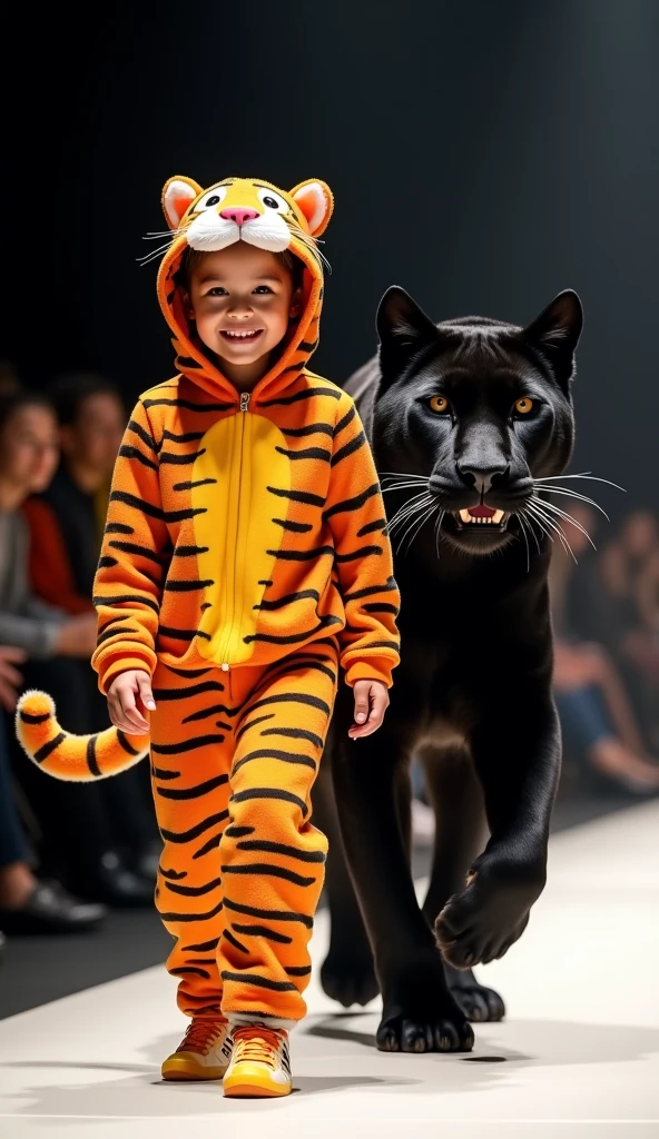 a baby with a happy face dressed as a black panther animal is riding a real black panther animal on the catwalk model, realistic