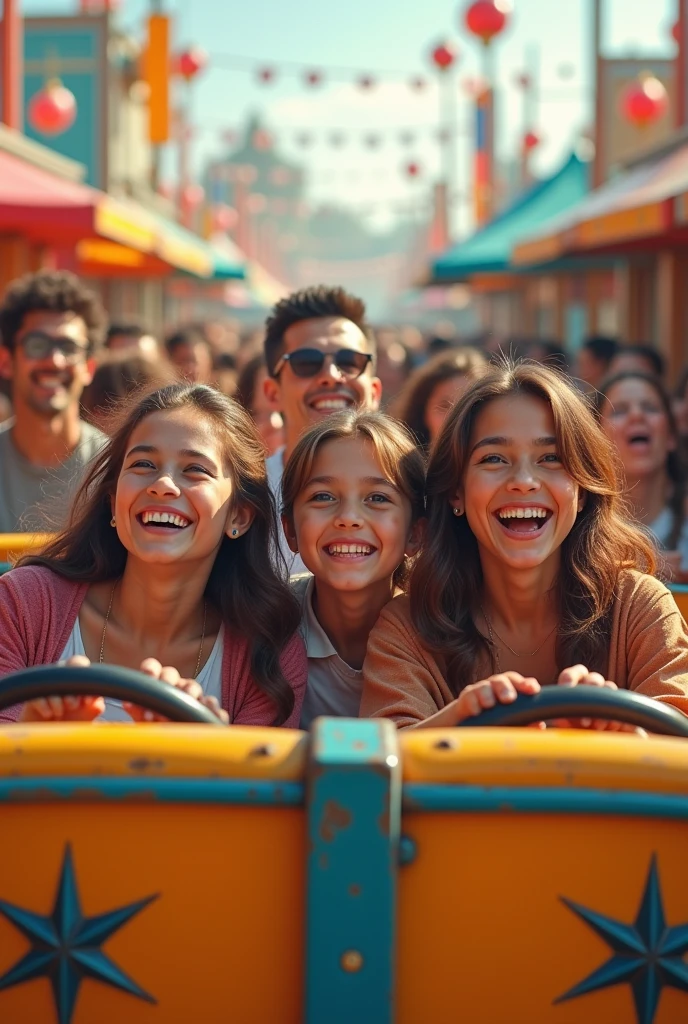 photorealistic of a family amusements, joy and happiness faces, excited expressions, intricate detailed