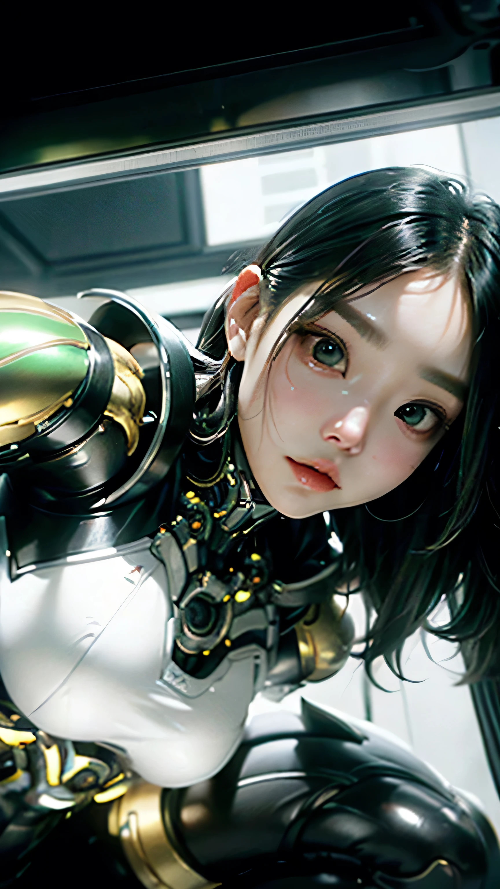 girl in black and white futuristic mechanical armor with gold metallic details, close-up, thick muscular legs and arms, large breasts, semi-human semi-mechanical design, Korean girl's face, holding two black futuristic revolvers, dramatic bottom angle, cinematic lighting, intricate and highly detailed mechanical details, sharp focus, photorealistic, 8k, masterpiece